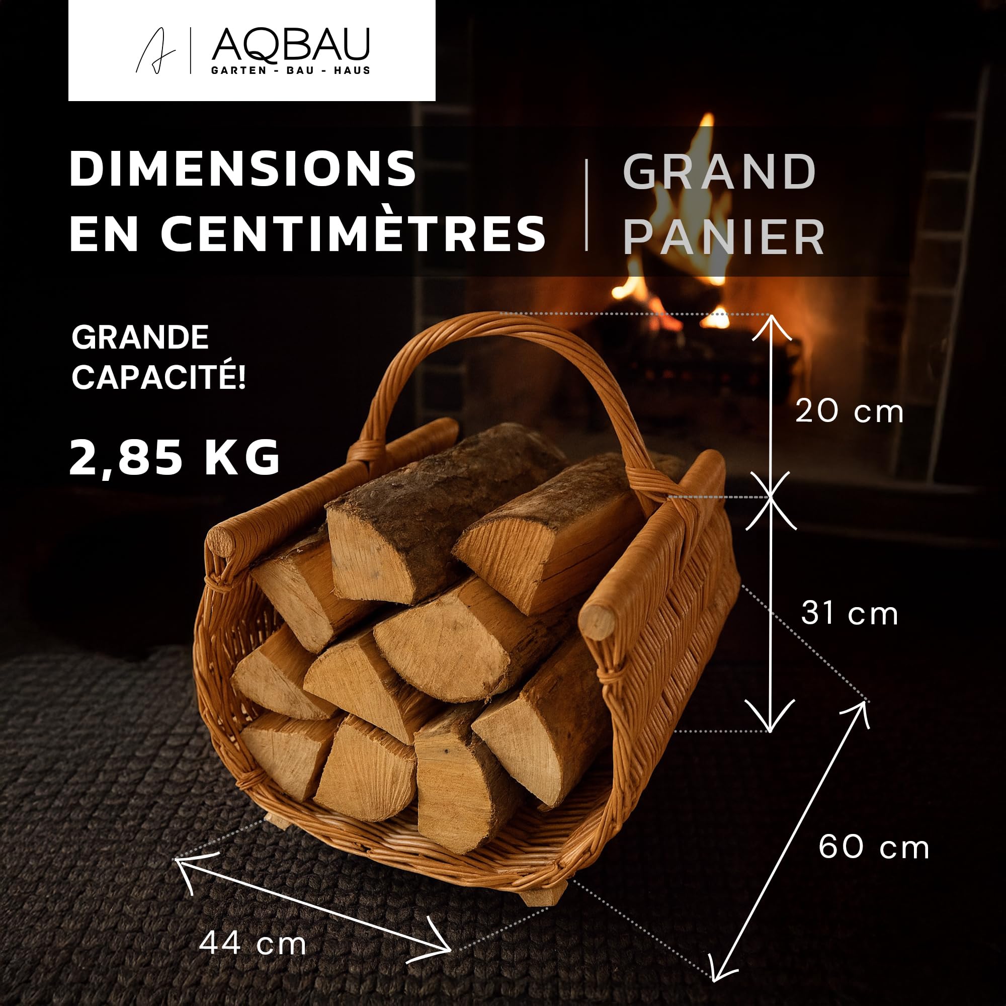 Panier à bois XXL 60 x 44 cm en osier avec lattes en bois – Support à bois de cheminée stable – Panier fait main pour bois de feu, rangement ou décoration, paniers en bois, panier à bois