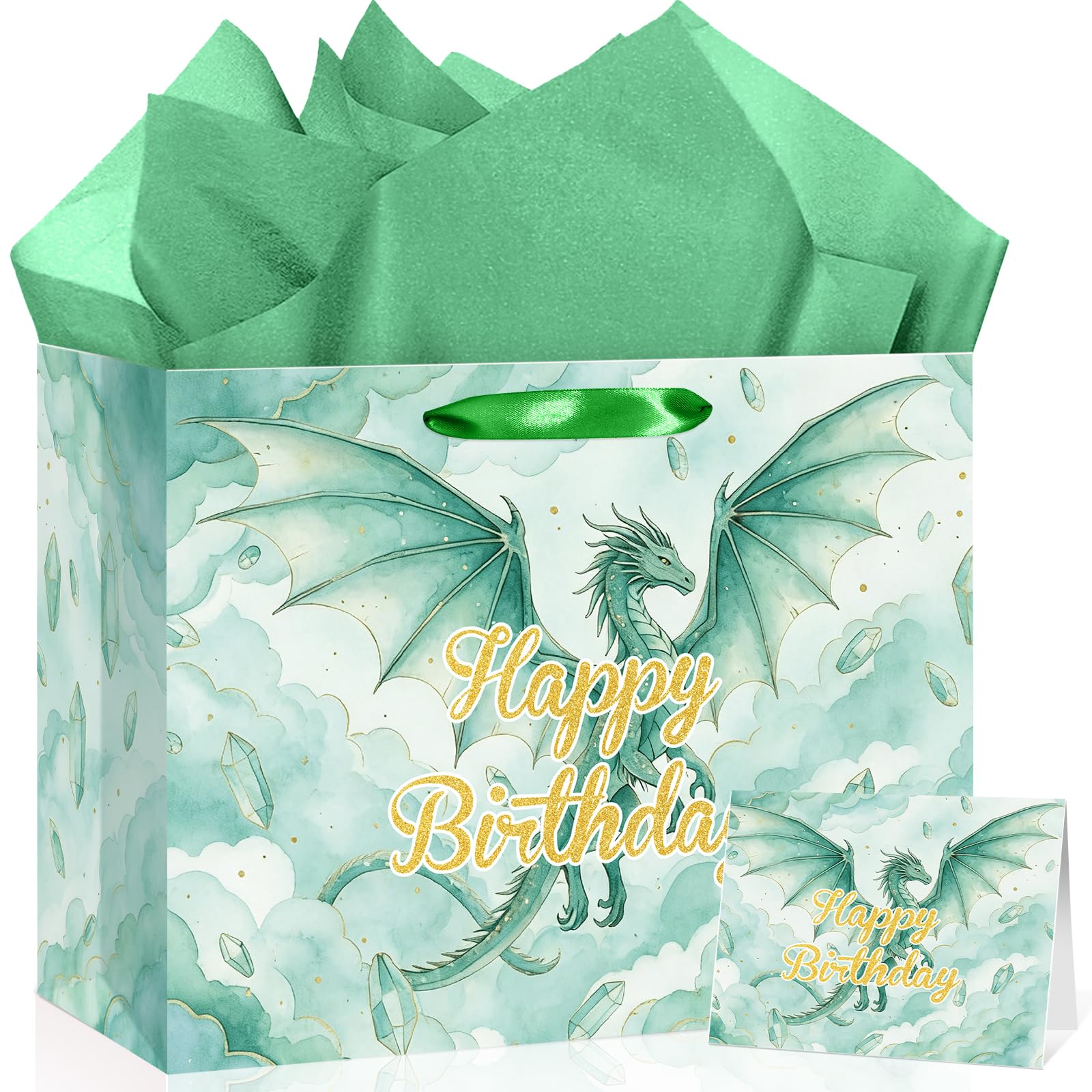 Dragon Gift Bag with Tissue Paper and Card, Green Watercolor Drgon Design Wrapping Paper Bags Fantasy Magical Creature Gift Wrap Bag for Boys Men Teens Gamers Birthday Baby Shower Party Favors