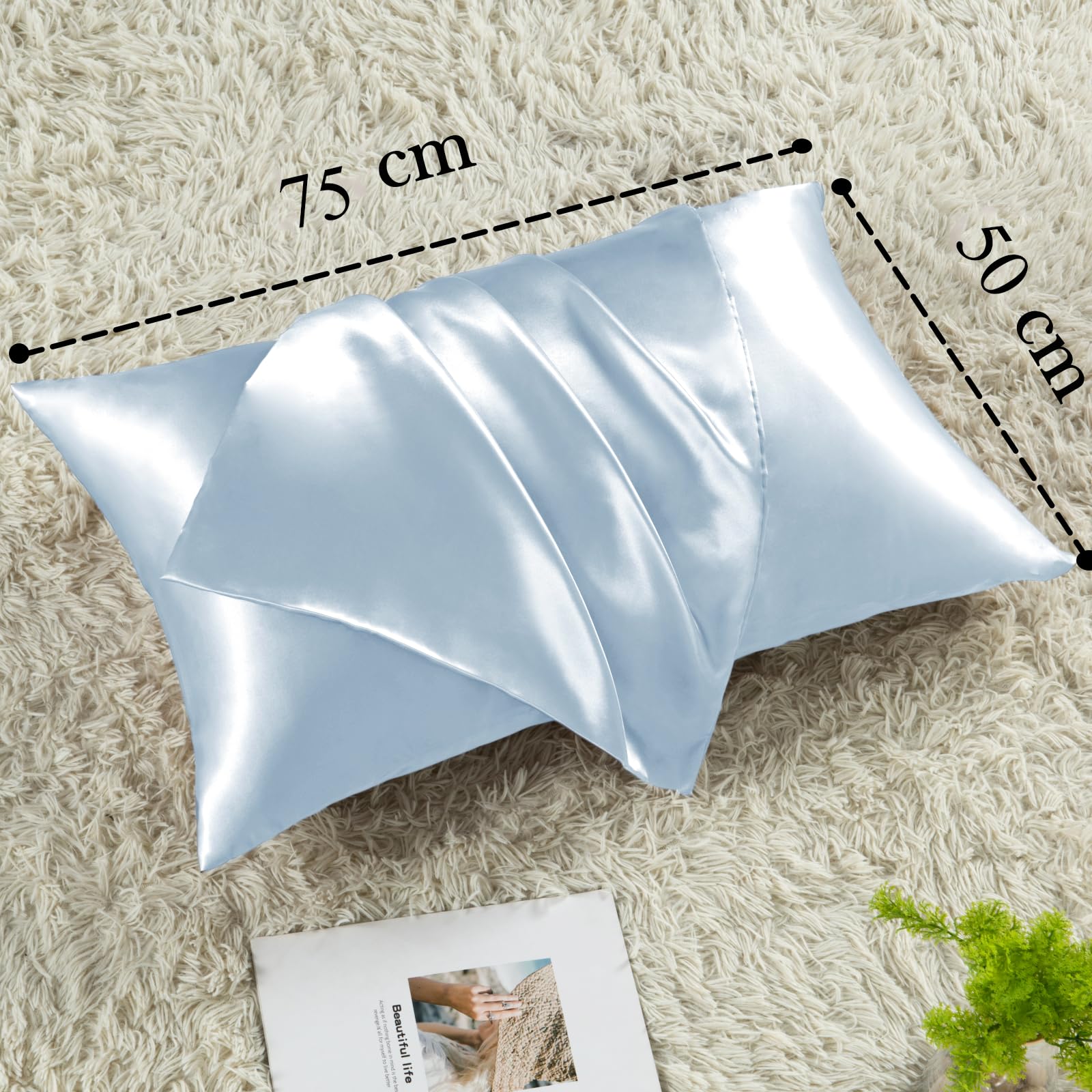 Vielit 2 Pack Satin Pillowcase for Hair and Skin Cooling,Soft as Silk Pillowcase for Hair and Skin,Easier Care than Silk Pillow Case Light Blue 50x75cm Gifts for Women Envelope & 2 Scrunchies - Image 4