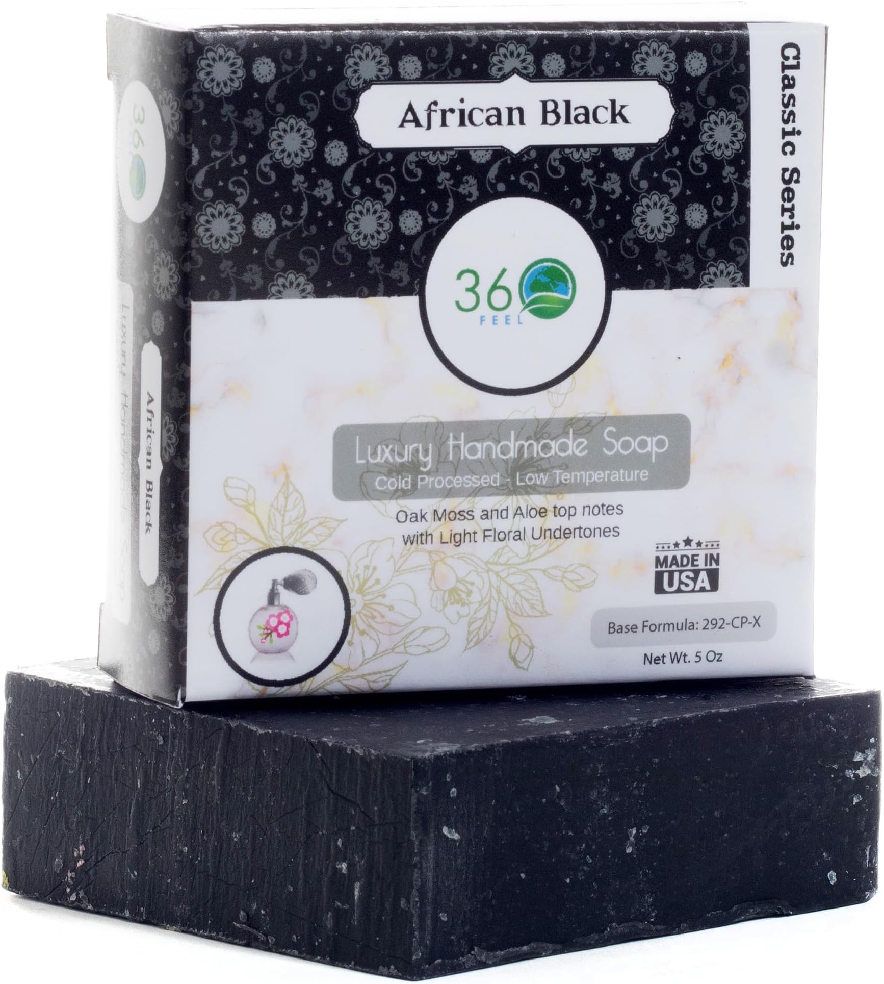 Handmade Soap African Black, X-LARGE 5oz Handmade Soap bar- Oak moss, Aloe top notes with floral undertones - Normal to dry skin, Natural Soap - Organic Castile lye Soap, Made in USA- 360Feel