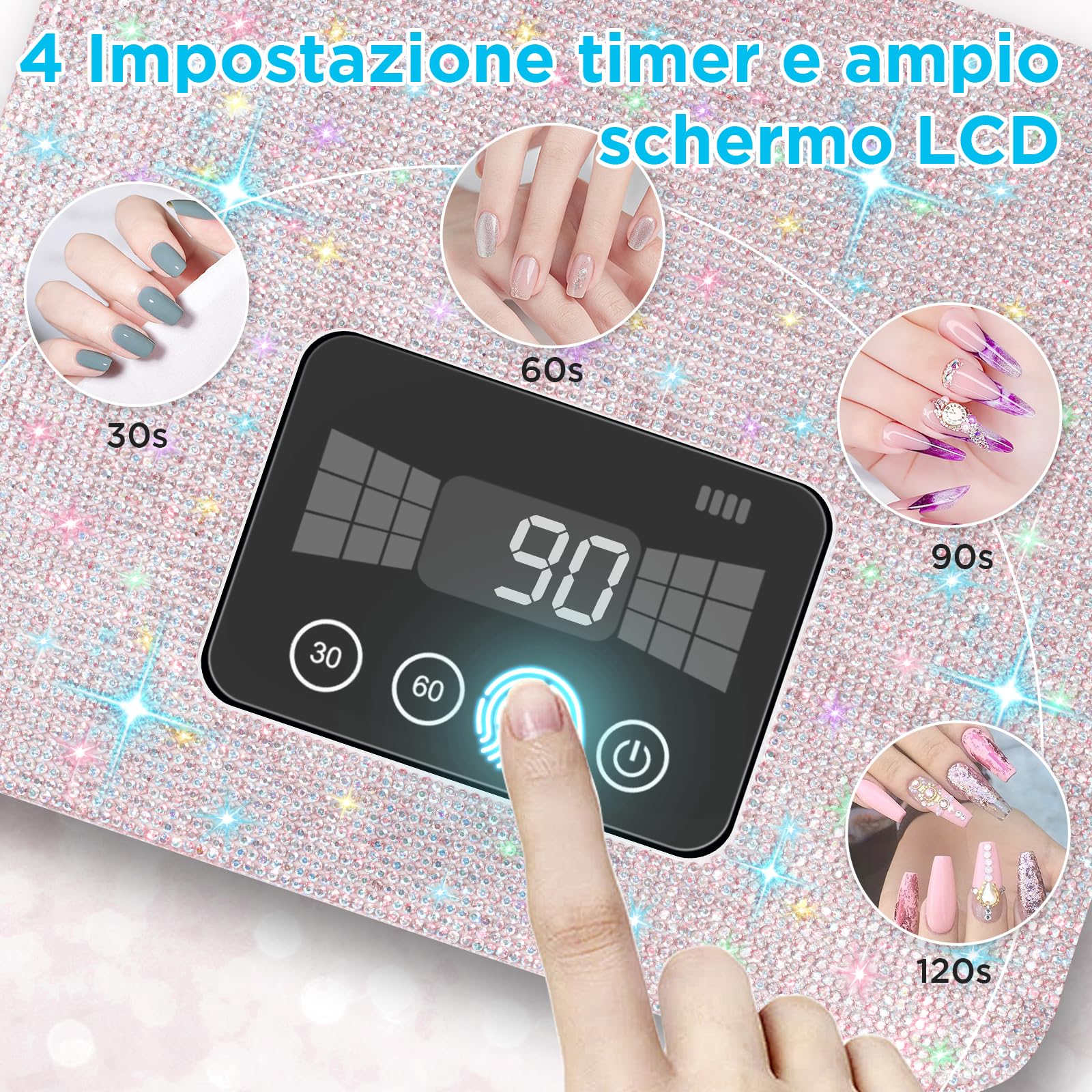 Lampada UV ricaricabile senza fili per unghie in gel, lampada LED per unghie con 4 modalità timer e decorata con strass scintillanti per unghie Diamond per uso domestico/salone, 1pcs