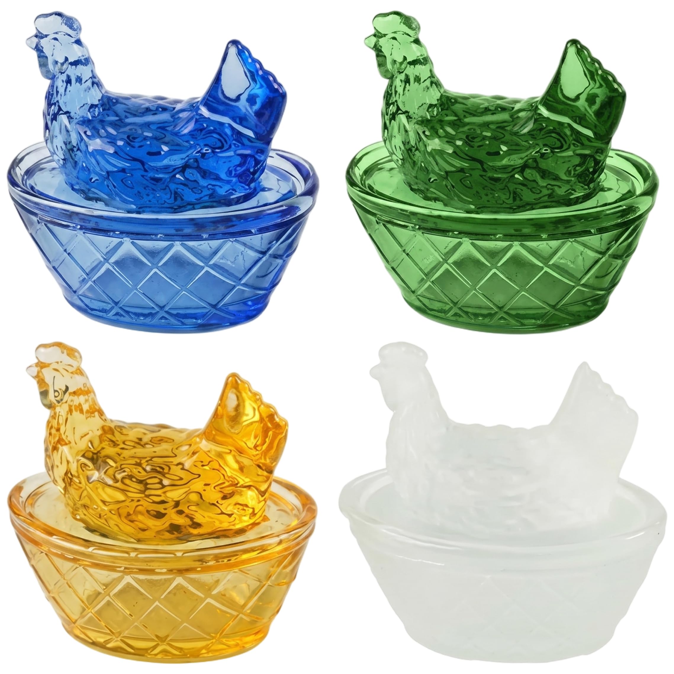 Bemonew 4Pcs Glass Hen on Nest, Mini Handcrafted Crystal Hen on Nest Glass Dish for Easter Christmas Farm Prensents