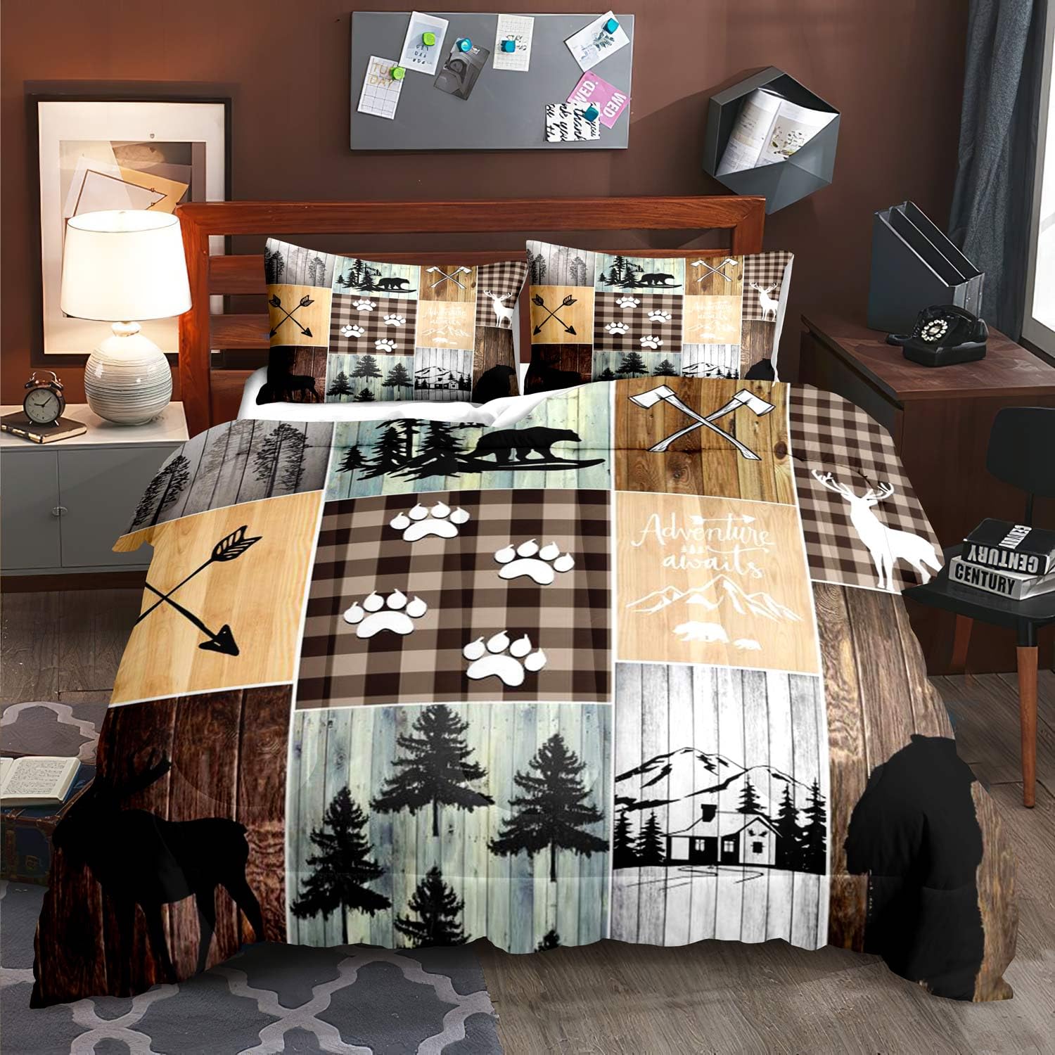 LUVIVIHOME 3PCS Farmhouse Comforter Set Queen, Black Bear Deer Elk Moose Woodland Forest Animals Wildlife Hunting Vintage Brown Plaid Patchwork Lodge