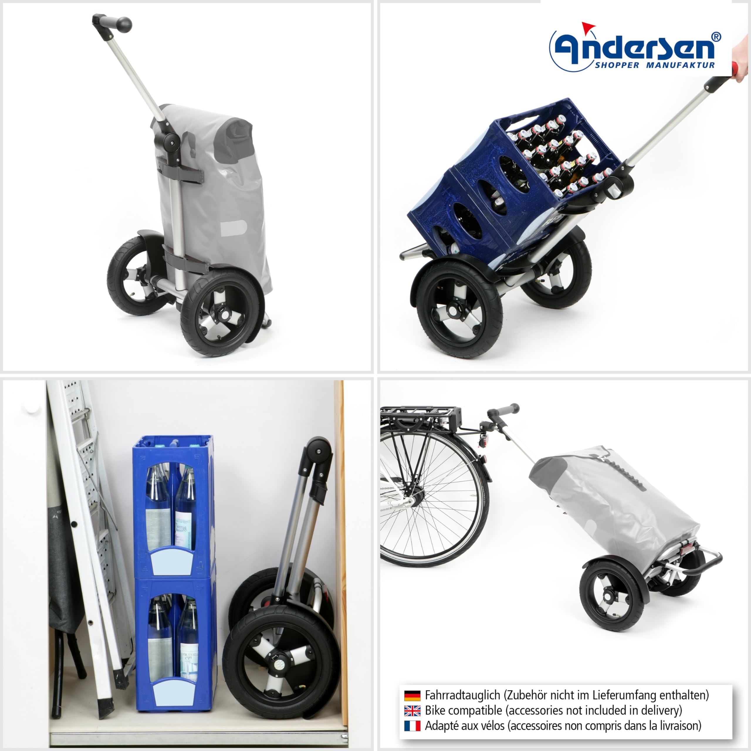 ANDERSEN Einkaufstrolley - Tura Shopper Lasse blau | Fahrradanhänger, Luftbereifung, ergonomischer Griff, bis 50 kg - Tasche großes Volumen, Innenfach, Reflektoren, 59 L