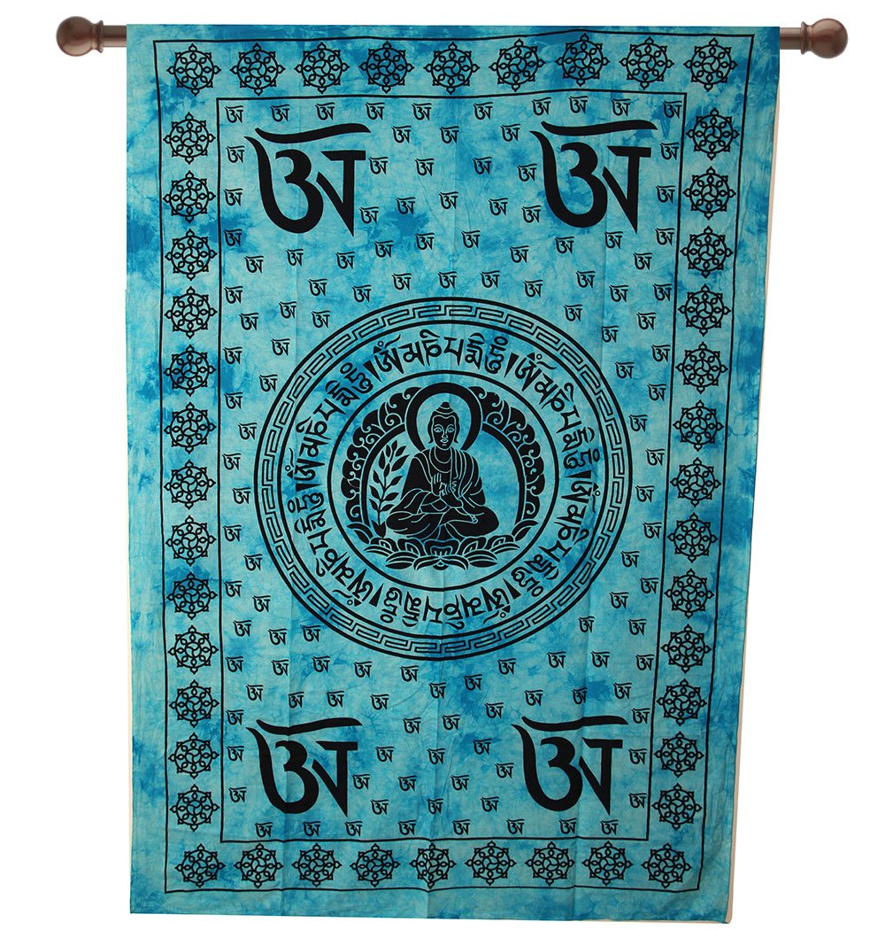 Home Sajja Meditation Buddha Indian Wall Hanging Decor Blue Cotton Tapestry 78 x 55 inches