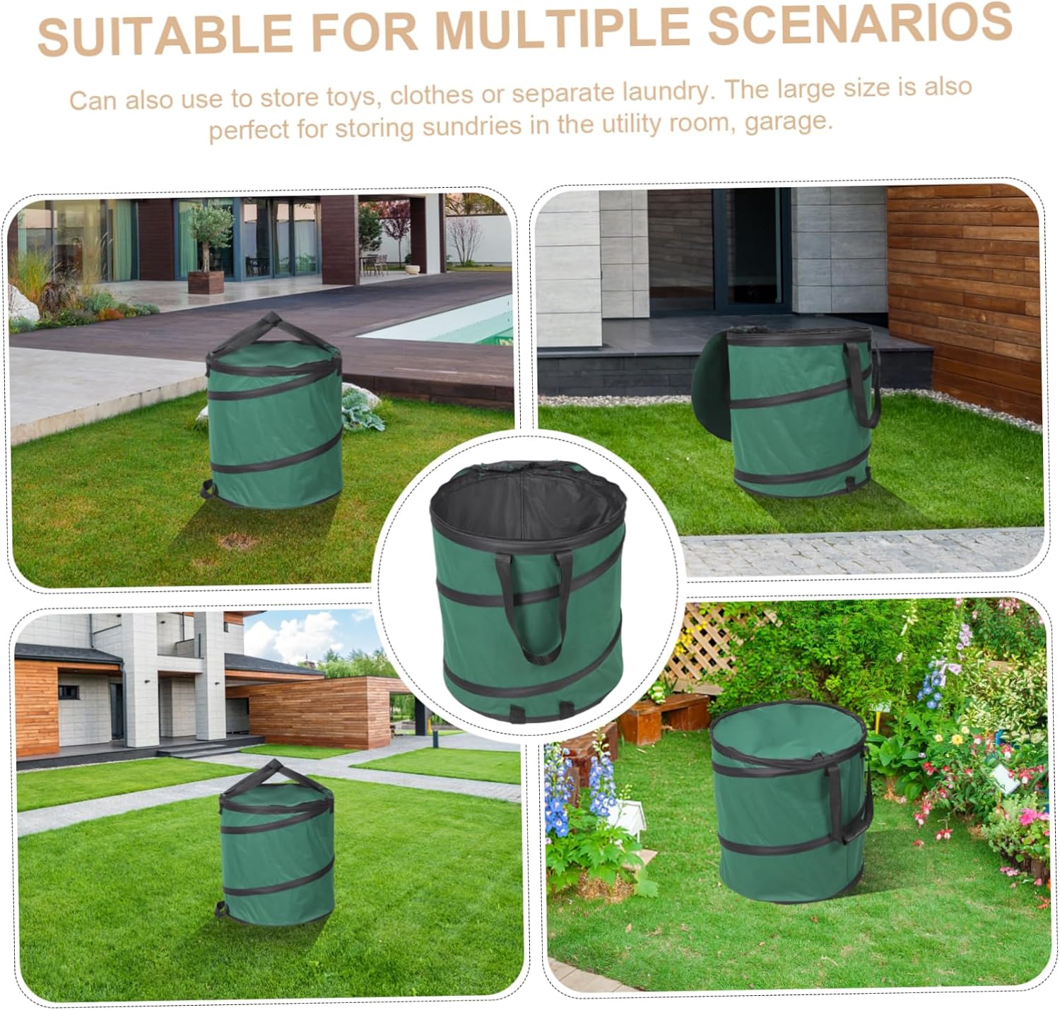 Collapsible Leaf Storage Bag with Handles Durable Oxford Waste Collector Lidded Gardening Pouch for Leaves Debris and Garden Refuse Green and Black