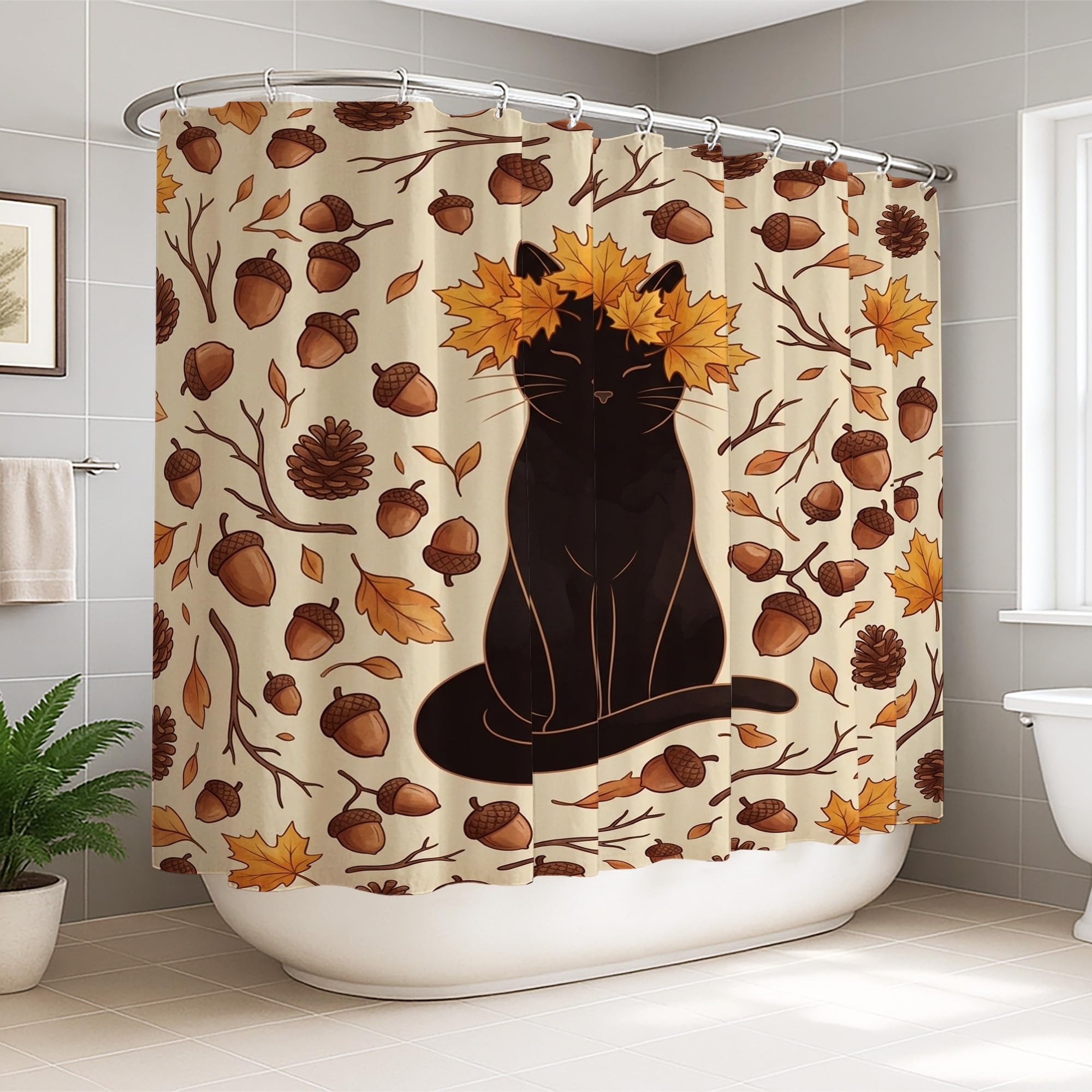 Rideau de douche chat feuilles d'automne grand format 274 x 183 cm lavable avec crochets