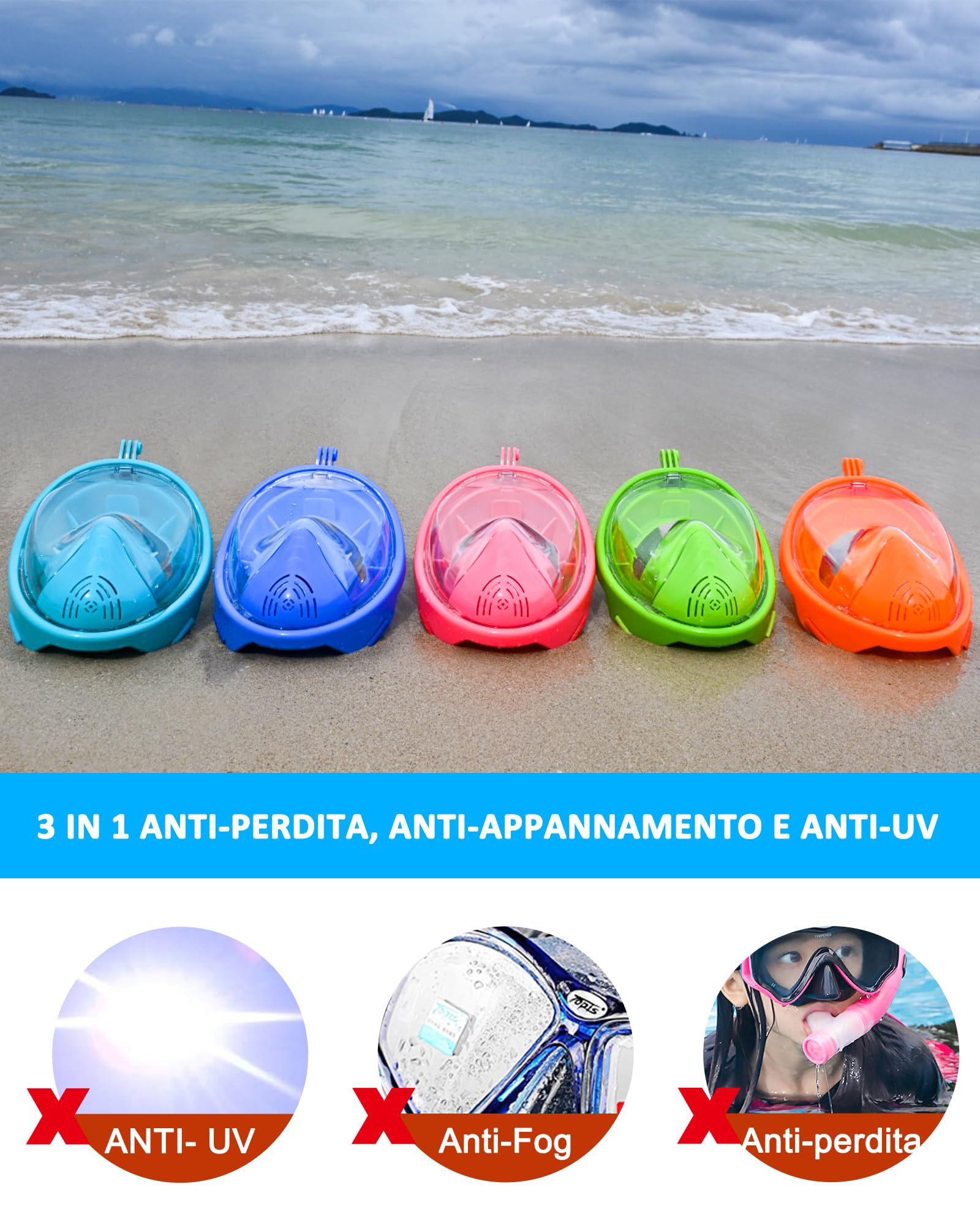 Maschera Snorkeling Bambino - Facciale Panoramica 180°, Anti-Appannamento, Anti-Infiltrazioni, Con Custodia - Foto 3