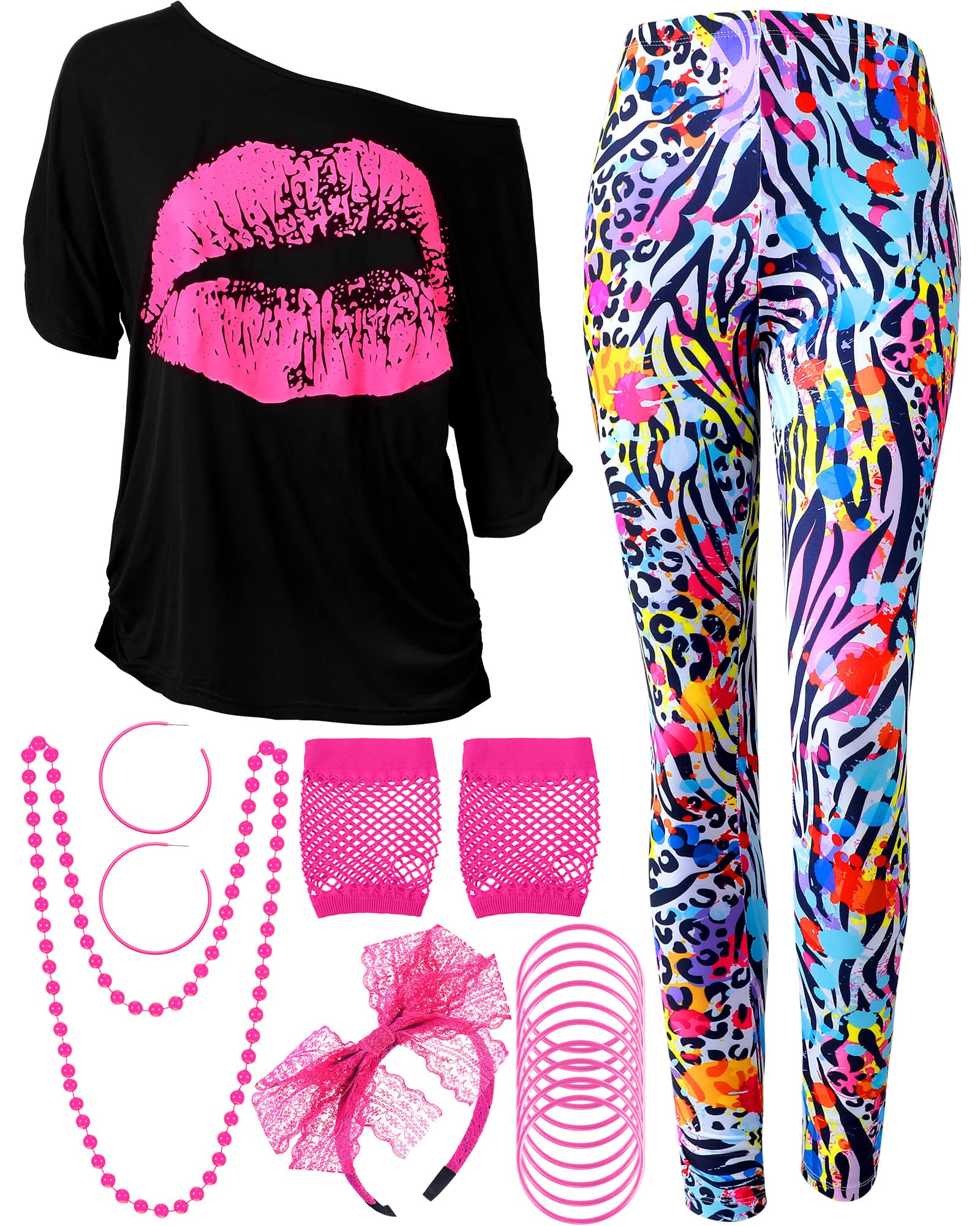 Blulu Juego de Disfraz de Mujeres de los Años 1980, T-Shirt, Pantalones Legging Pendientes Collar Guantes Pulsera