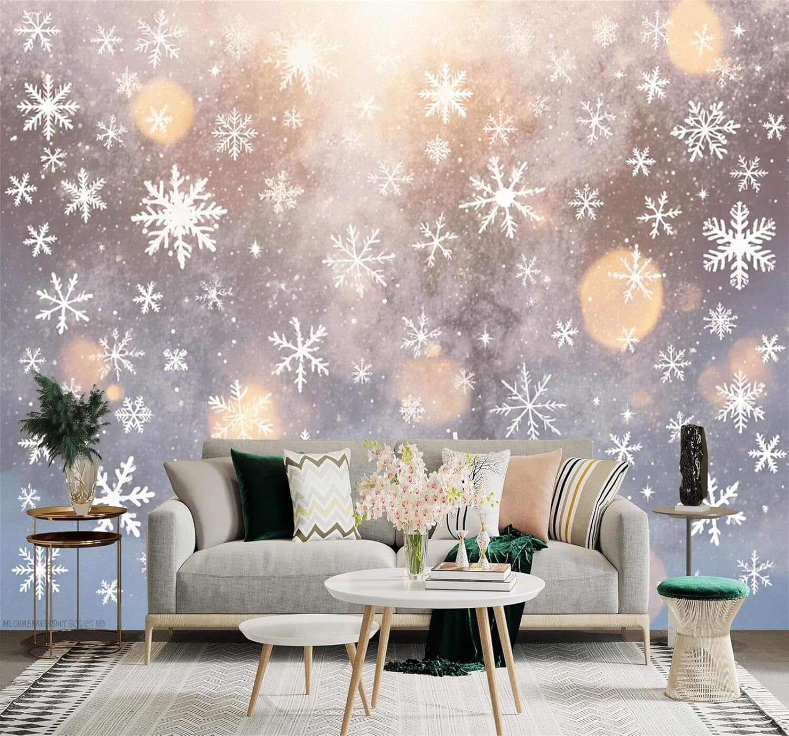 XLMING Minimalist White Snowflakes Winter Sky Golden Lights 3D Wallpaper Silky Texture Home Study Office Grey Dining Room Sofa Bedroom Living Room TV Backdrop-300cm×210cm