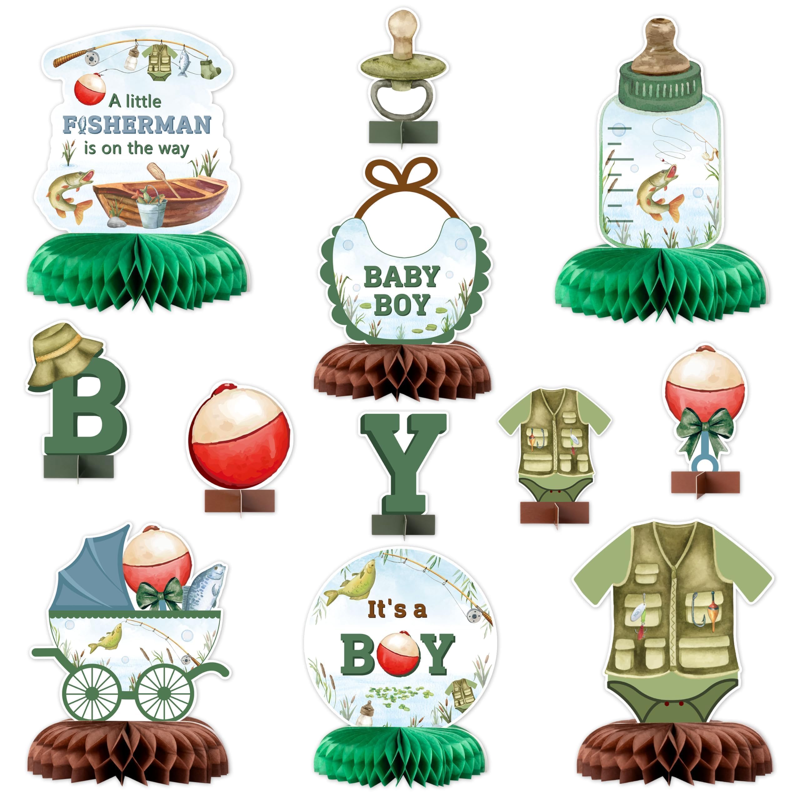 ANGOLIO 12Pcs Fishing Baby Shower Party Honeycomb Centerpieces, Valentine's Day Gifts 3D Table Toppers Decoration for Boys Girls Birthday Party,