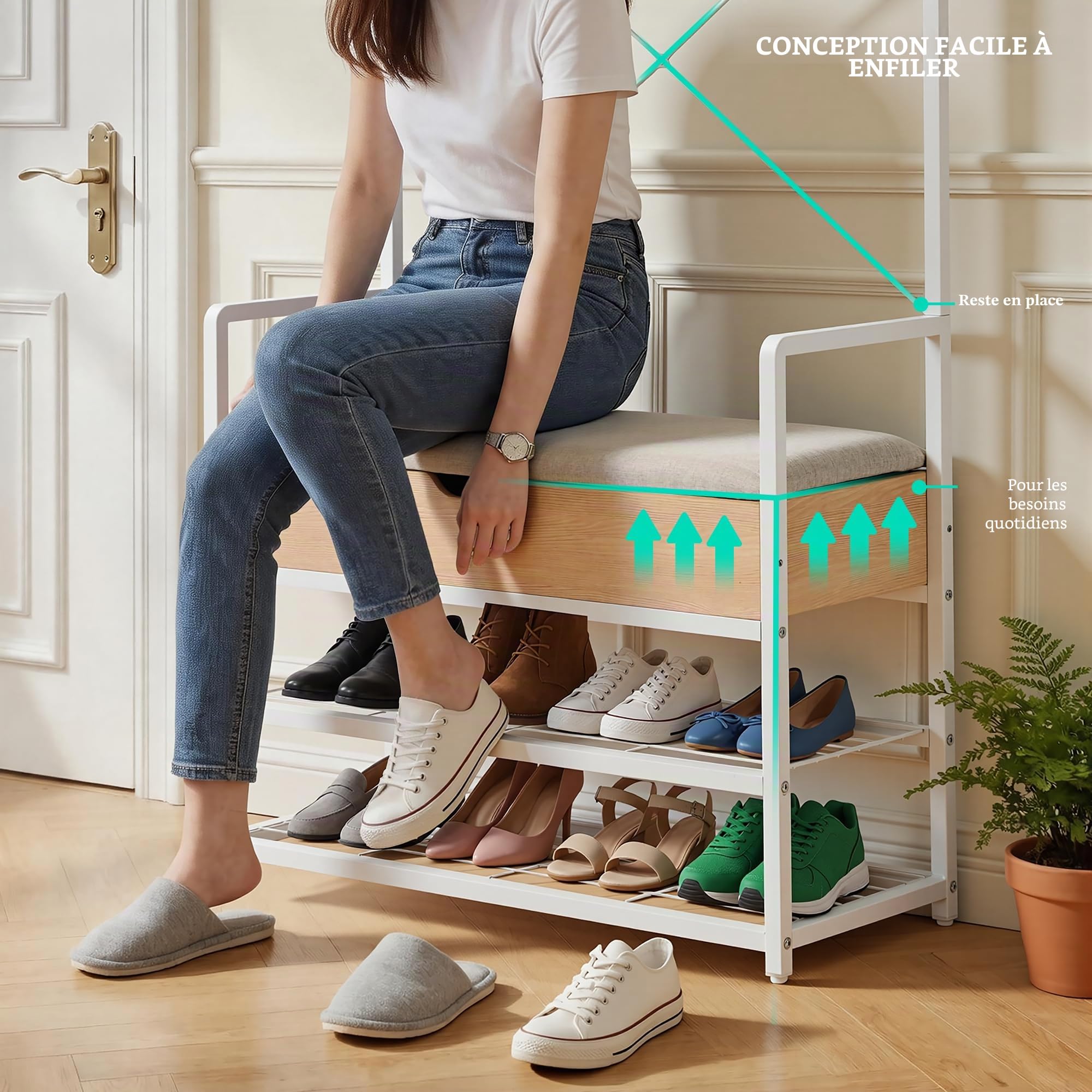 YITAHOME Porte-Manteau d’Entrée, Meuble d’Entrée avec Banc à Chaussures Rembourré, Banc de Rangement, 10 Crochets Amovibles et Étagère, Rangement Caché, Design Séparable, pour Couloir, Chambre, Blanc
