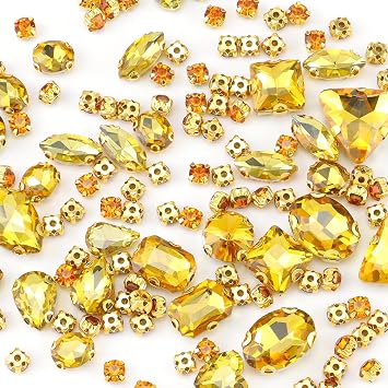 130 PCS Sew on Rhinestones Mixed Shapes Glass .Gold Rhinestones Sew on Crystals for Crafts Metal Flatback Claw Gemstones for Jewelry Making ,Clothes, Garments, Dress, Earring, Belt and Shoes