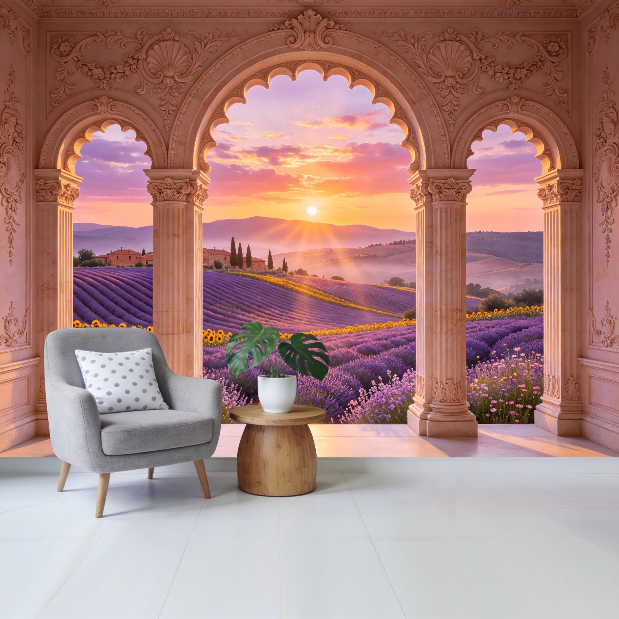 Removable Self Adhesive Fabric Mural， Neoclassical Arch Sunset Lavender Field Custom Size Wall Covering， UV Protected Waterproof Washable Wall Decor for Living Room Bedroom Bathroom