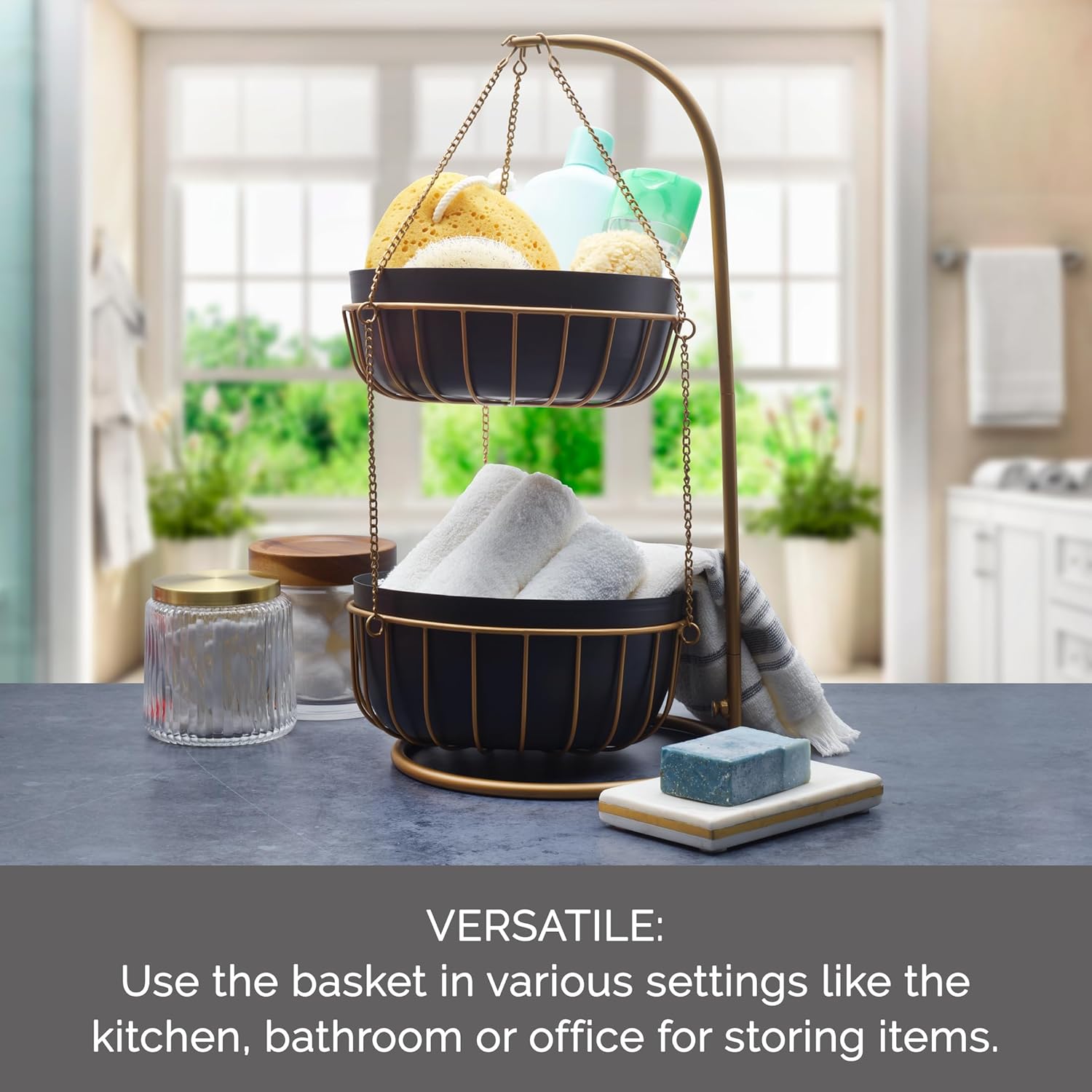 Gourmet Basics by Mikasa Aztec Gold Finish 2-Tier Metal Fruit and Vegetable Storage Basket – Kitchen Countertop Organization and Display Rack