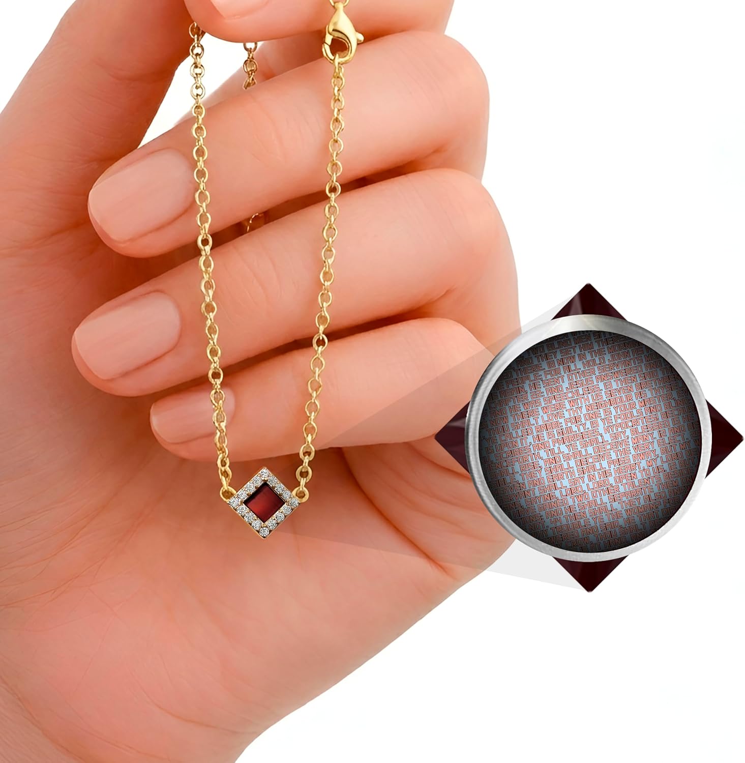 Smallest Nano Bible Christian Charm Bracelet - Tiny Square Rhombus for Women with Entire KJV New Testament Holy Scriptures on 0.2" Microchip, Religious Jewelry for Her, 6.5+2" Extension