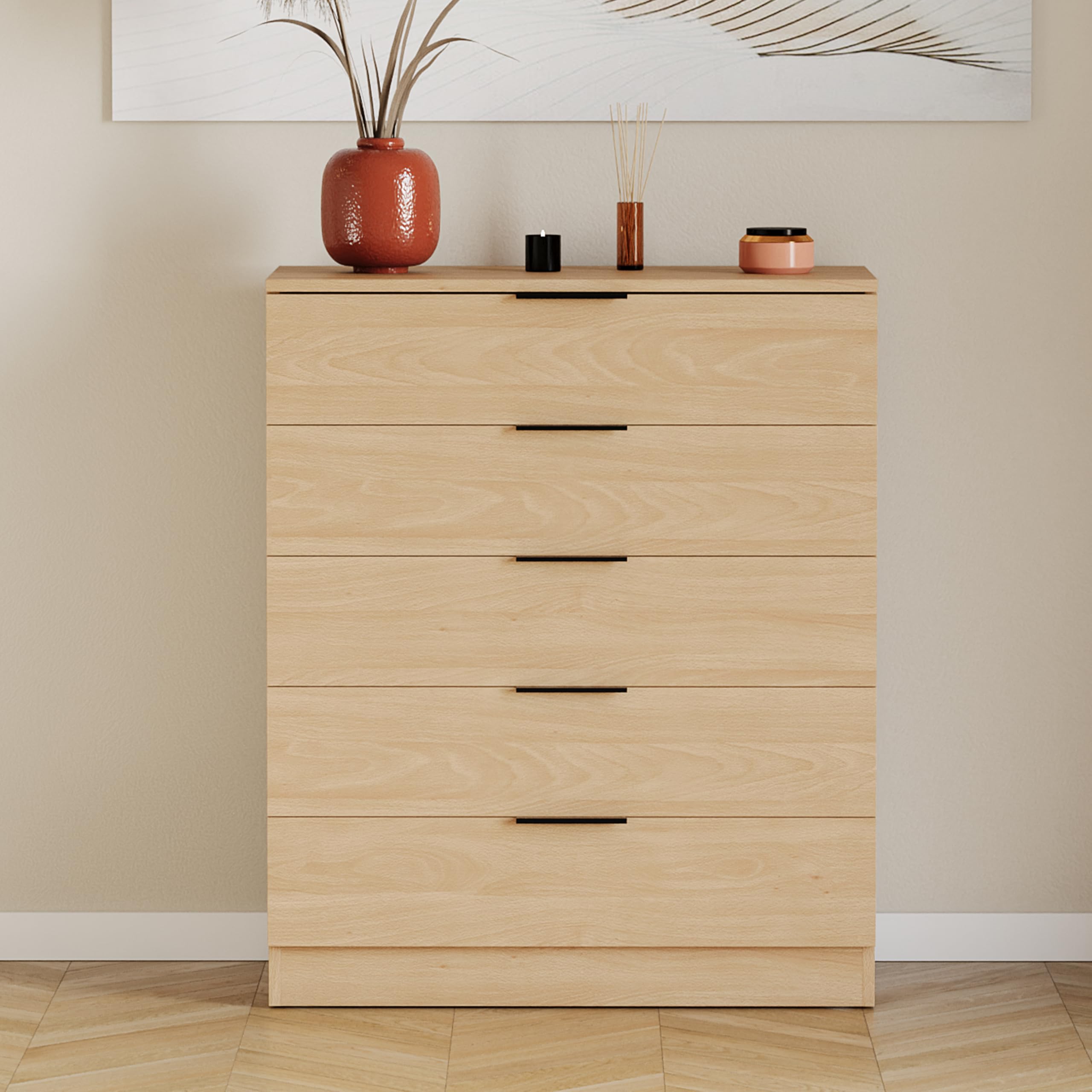 Vida Designs Trega - Cómoda de 5 cajones de Pino – Unidad de Almacenamiento compacta Que Ahorra Espacio – 90 x 66 x 36 cm – Soporte antiarco, Asas Negras Modernas, Corredores deslizantes – Ideal para