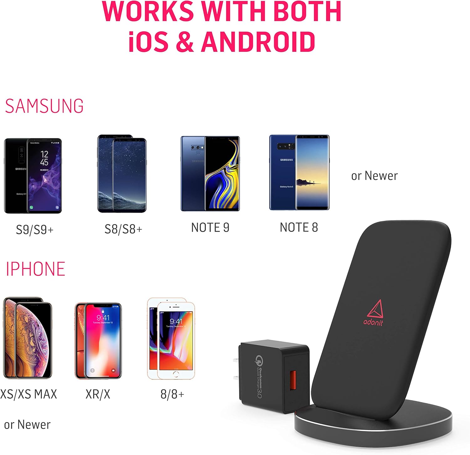 Adonit Wireless Fast Charging Stand with the QC 3.0 adapter and USB cable, illustrating the connection.