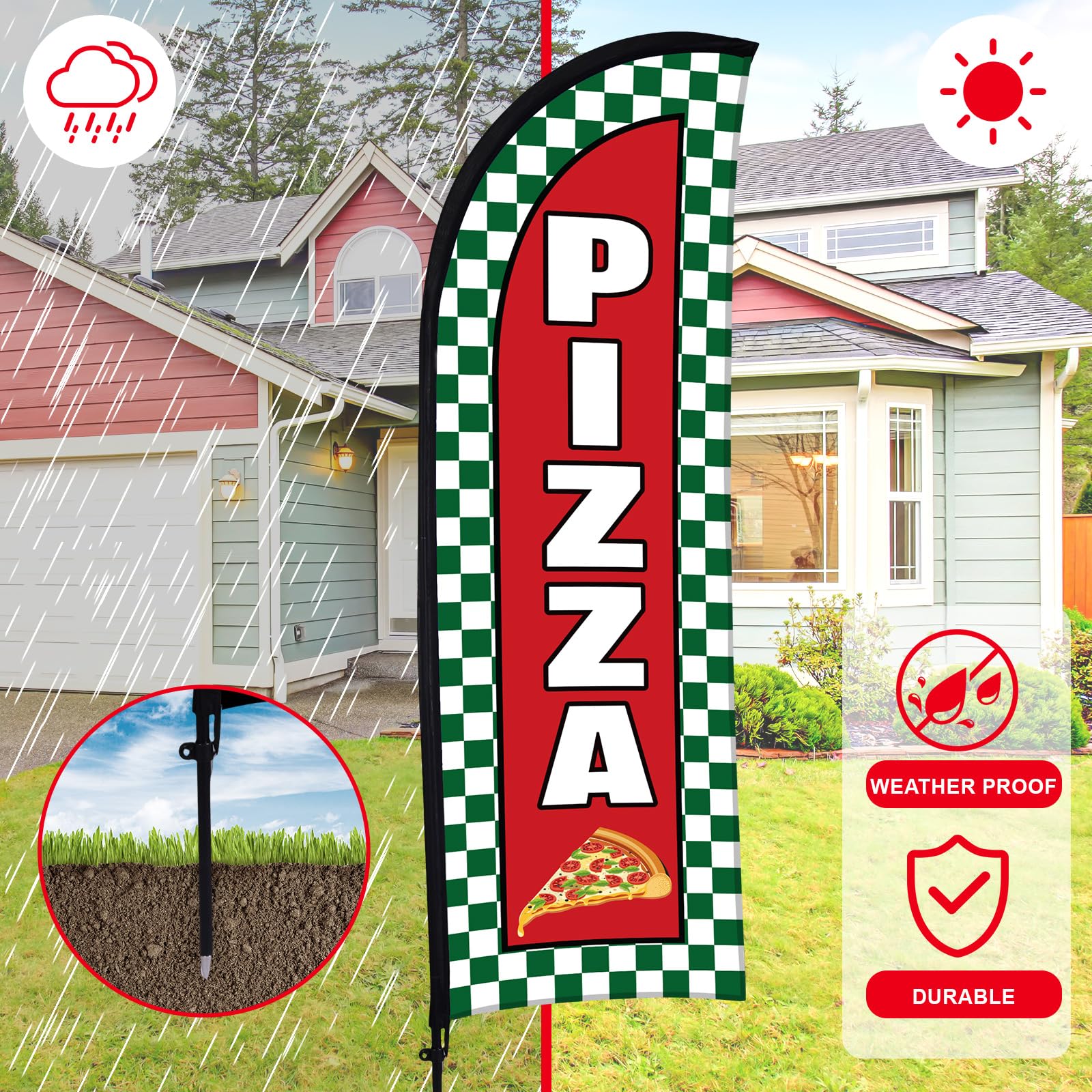 Hahafelt Bandera de plumas de pizza para publicidad empresarial, 7 x 5 pies, letrero de bandera de publicidad de pizza con poste de bandera, bolsa portátil, letreros de barbacoa, juego de banderas