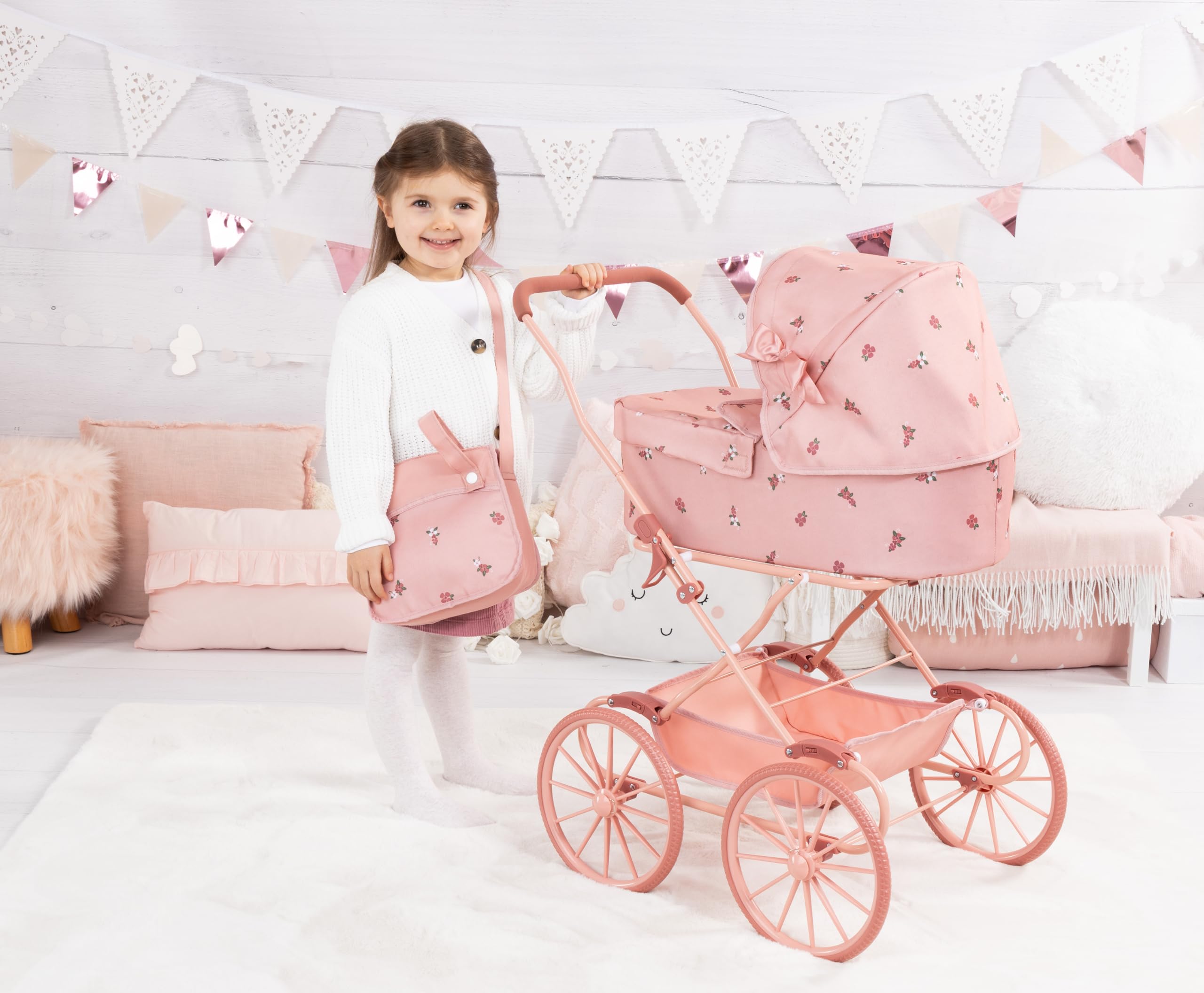 Bayer Design Poussette Landau de poupée nostalgique avec Sac | landau de poupée classique avec grandes roues, coussin, sac, poignée haute, pour poupées jusqu'à 46 cm, panier intégré