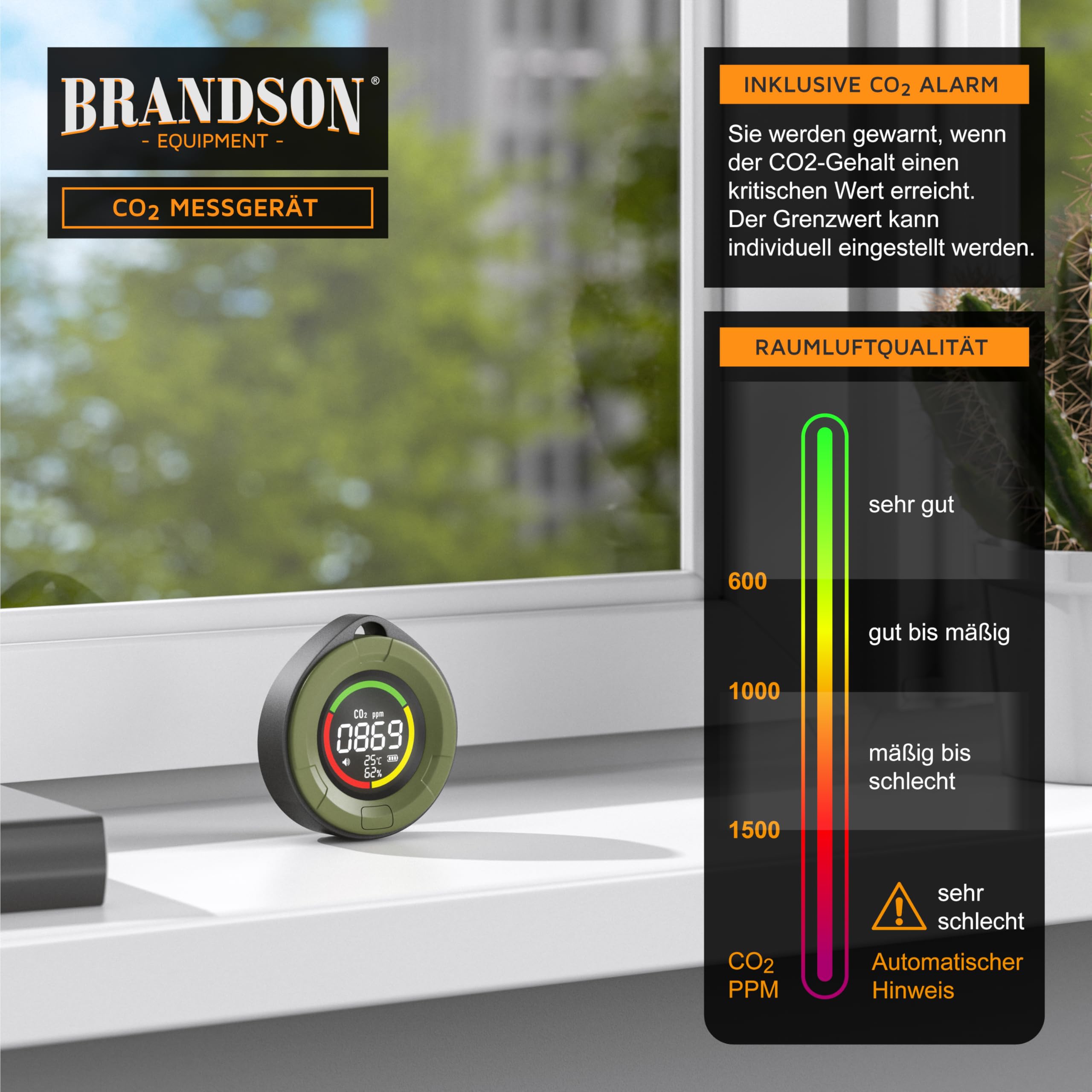 Brandson CO2 Melder Messgerät tragbar Luftqualitätsprüfer Kohlendioxidmessung PPM 1200 mAh Akku CO2 Alarm Temperaturanzeige Luftfeuchtigkeit