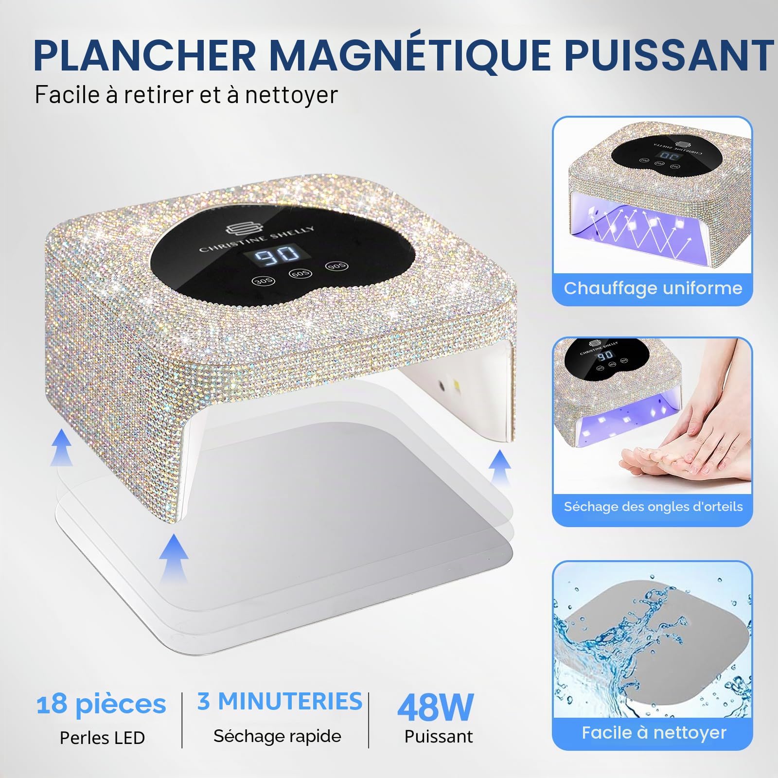 Lampe à Ongles 48W Vernis Gel Séchoir à LED avec Affichage Capteur Auto et 3 Réglages Minuterie Lumière pour Ongles Débutant BRICOLAGE Strass Brillant