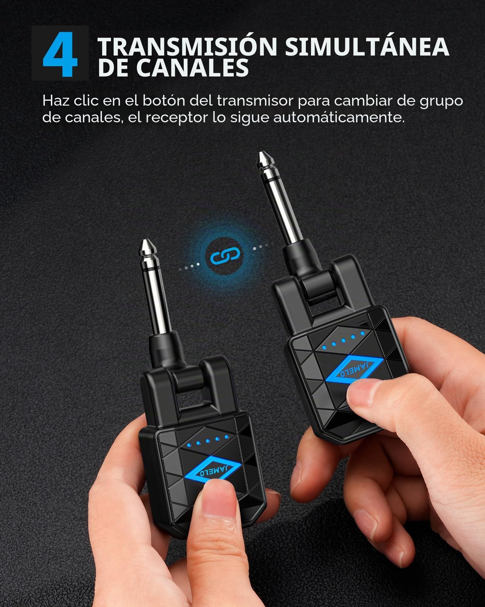 JAMELO Sistema de guitarra inalámbrico con estuche de carga, receptor transmisor de guitarra de baja latencia de <5 ms con 4 canales, 15 horas de reproducción, cable jack inalámbrico recargable para