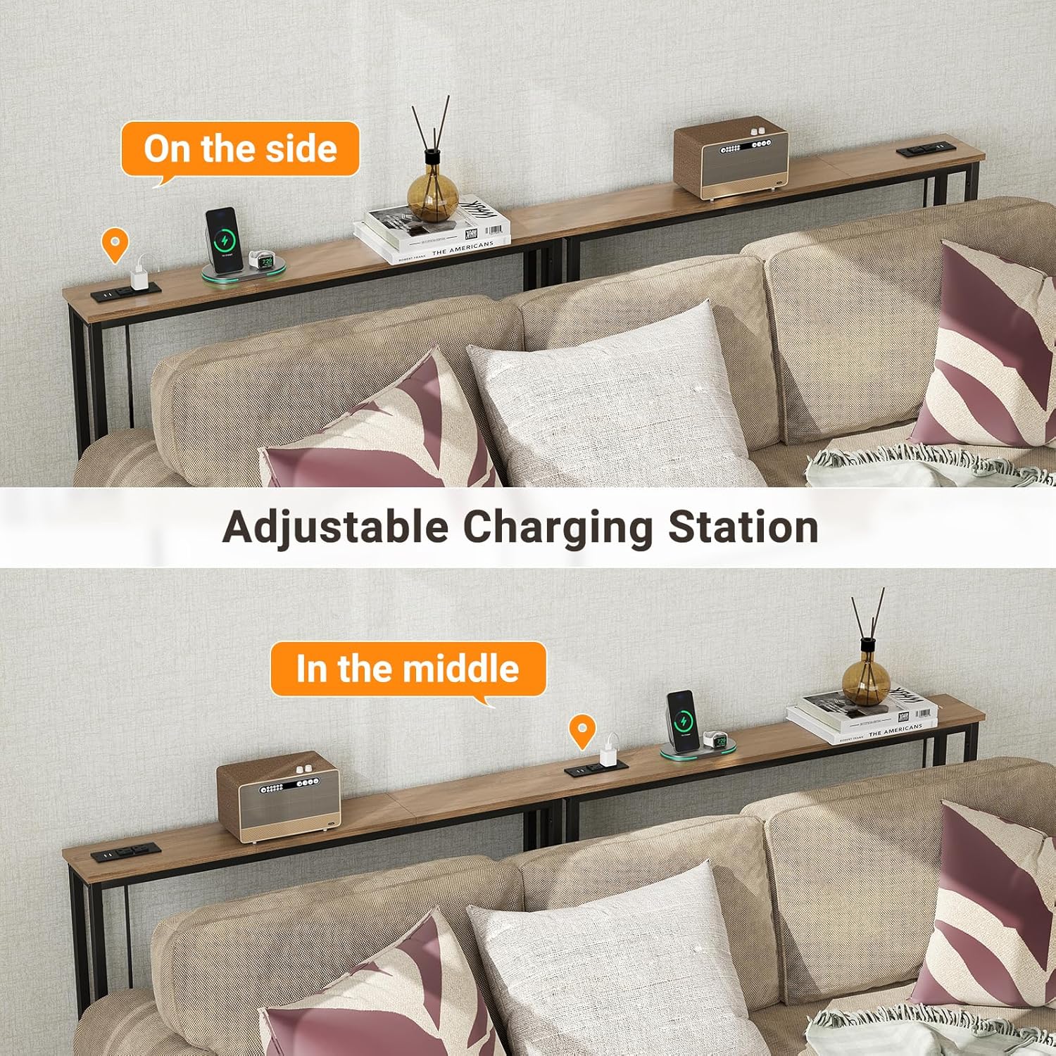 ELYKEN 2 Pack 5.9" Narrow Console Sofa Table with Power Outlets, Total 78.8” Long Behind Couch Table with Charge Station and 5.9’ Extension Cord for Living Room, 5.9" D x 78.8”W x 29.5”H, White Oak