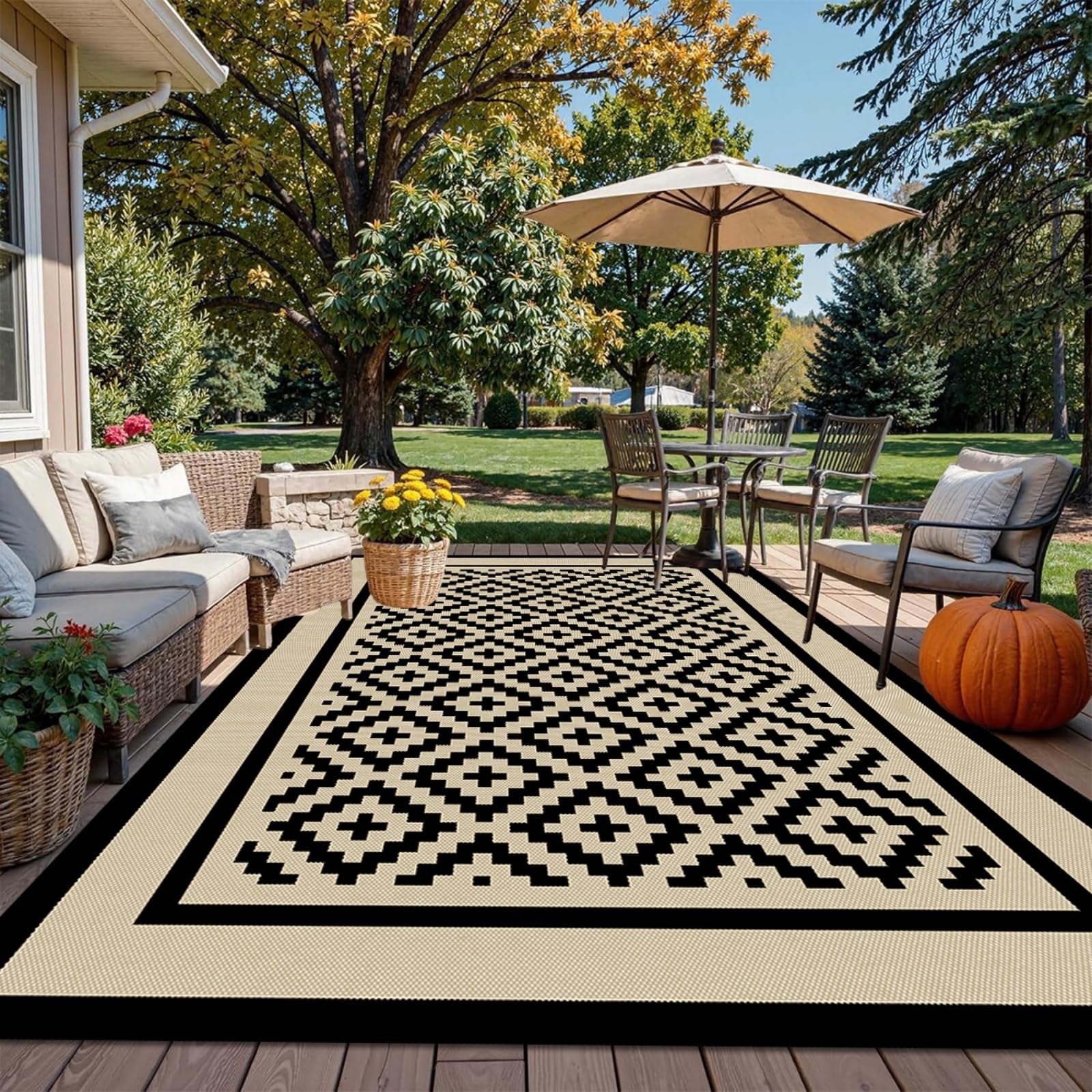 Hixingo Tappeto da Esterno Impermeabile in Plastica (Rombi,183x274cm) | Grande Tappeto da Giardino Reversibile Leggero Resistente ai Raggi UV Pieghevole Tappetino per Patio Balcone Terrazza