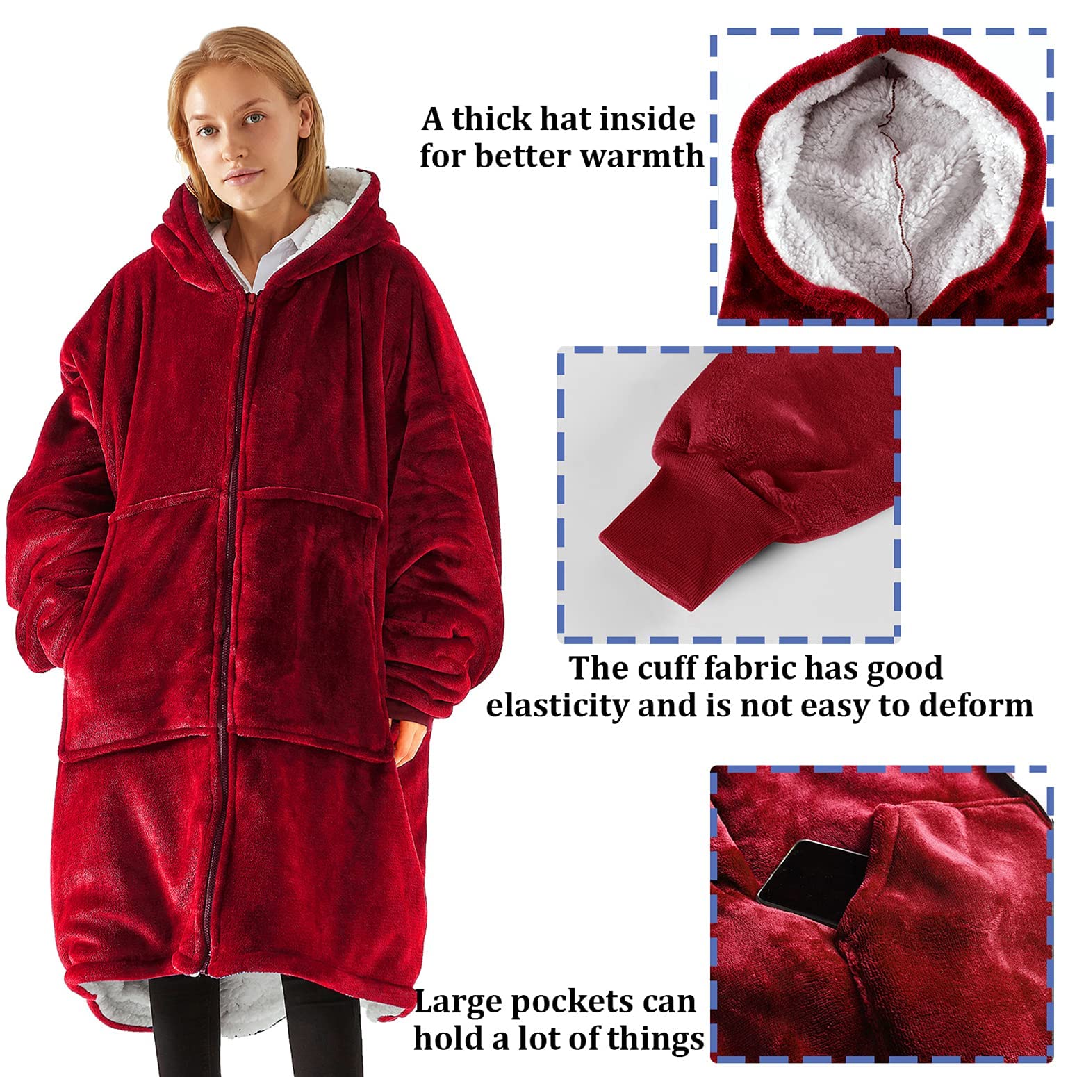 Vancavoo Sweat à Capuche Hoodie Oversize Sweats Blanket Pullover Robe Pulls Chaud Doux Flanelle Couverture Manteau Gilets Femmes Homme Portable Épaissie Fermeture éclair Grande Poche