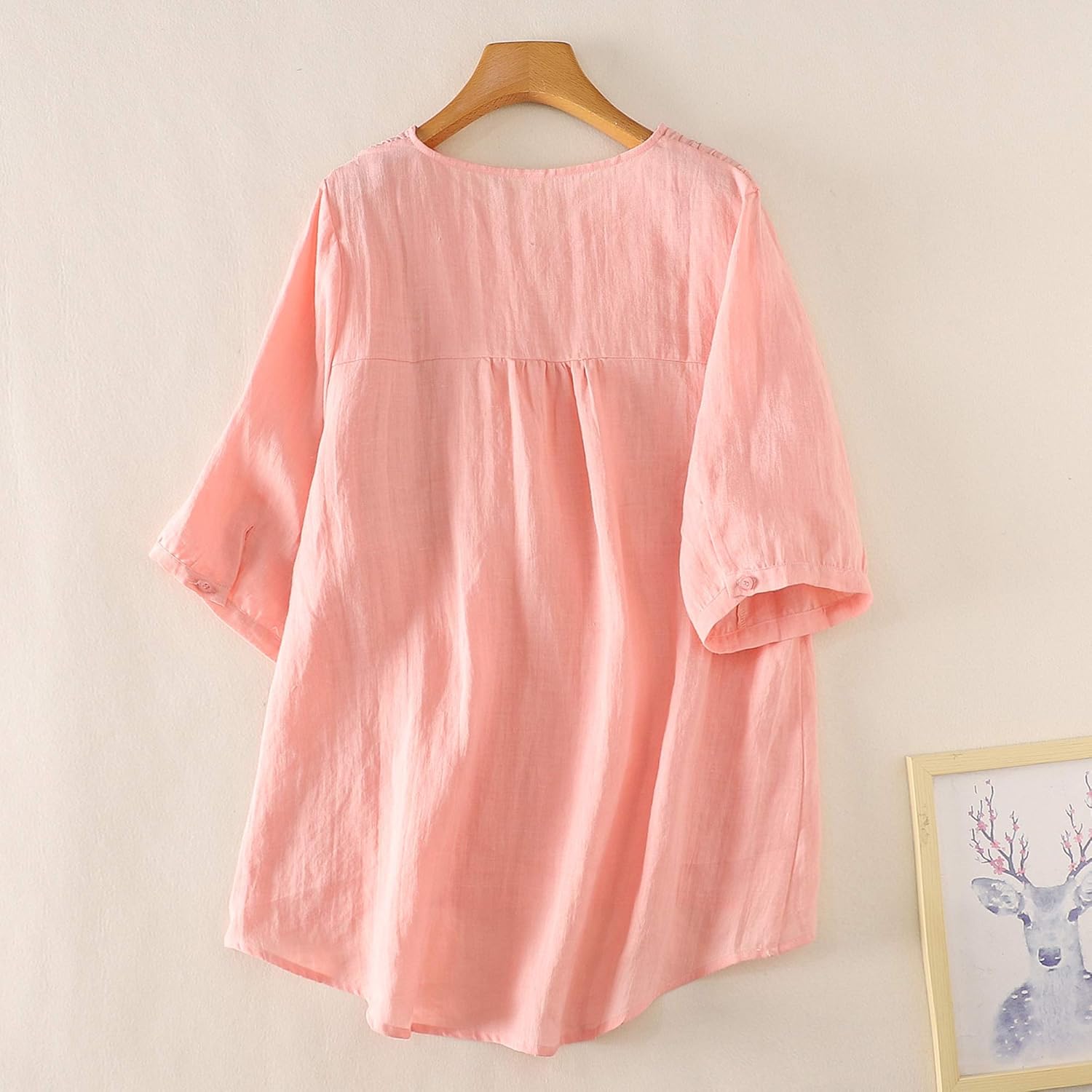 Minibee Women's Linen Embroidery Blouse V-Neck Tunic Elbow Sleeve Shirts Tops - Image 2