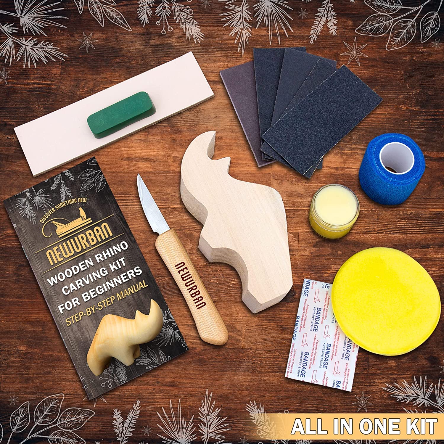 NEWURBAN Kit de Sculpture Sur Bois Pour Débutants - Kit de Avec Rhinocéros - Set de Travail Pour Enfants, Adultes - Couteau de Sculpture Sur Bois En Acier Inoxydable Avec Manche