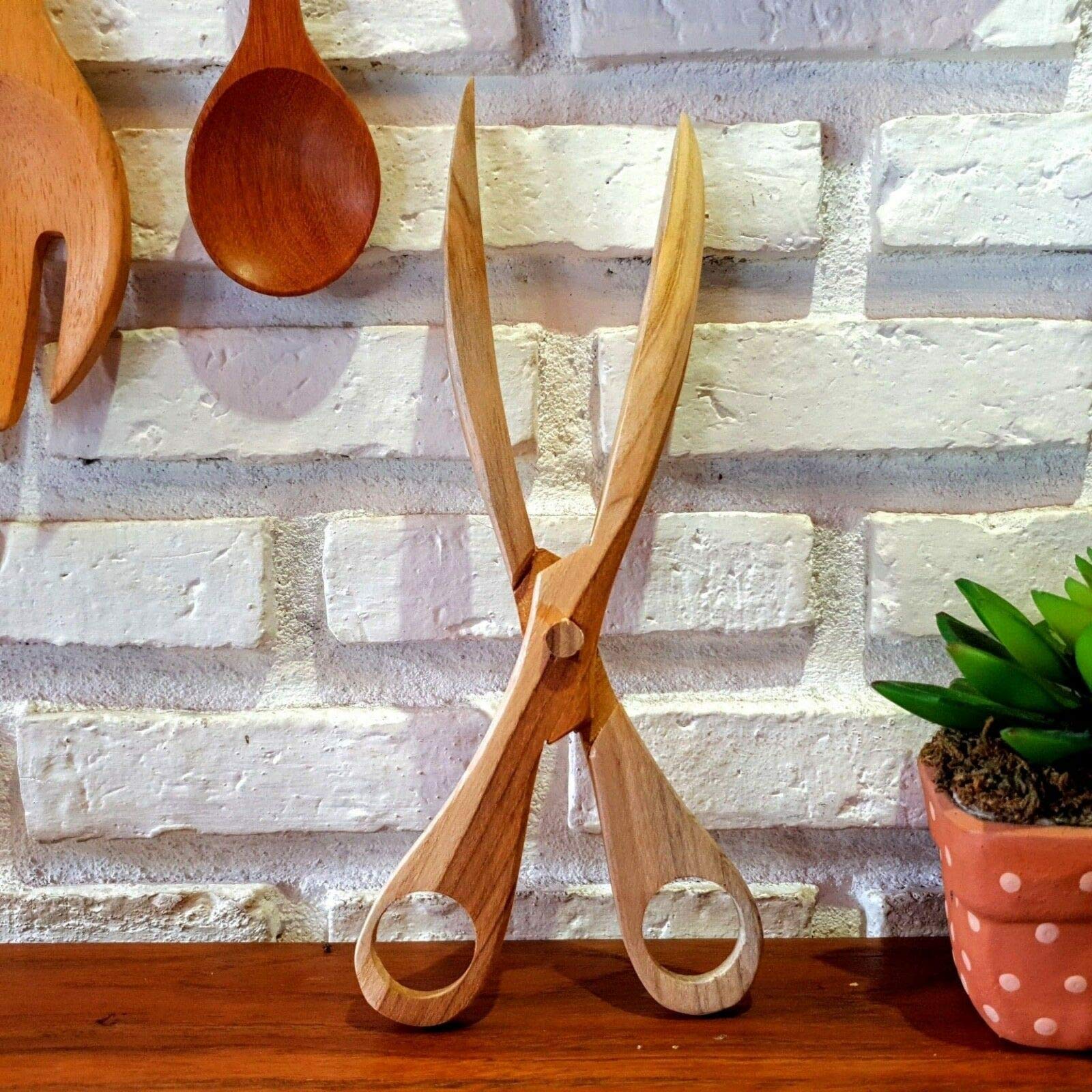 Wooden Salad Tongs Scissor Spoons Fork Wood Serving Handmade Kitchen Tools
