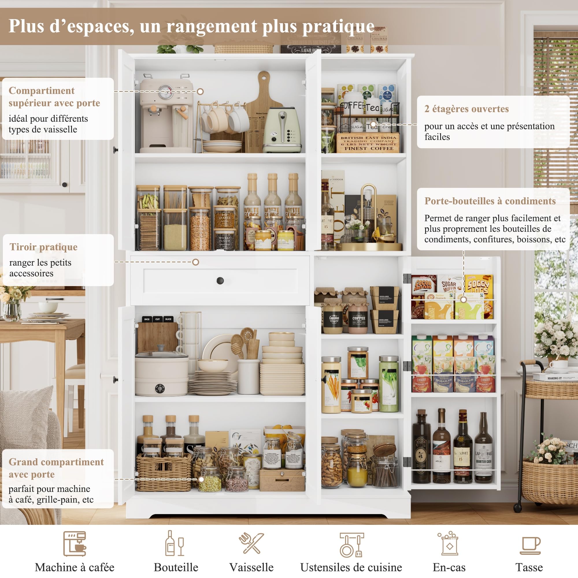 FirFurd Buffet Haut Cuisine Meuble Rangement Vaisselier avec 5 Portes Blanc | 104x40x173cm, Porte avec étagère à épices, Armoire meuble cuisine avec 13 étagères, 1 tiroir, Pour salle à manger, salon