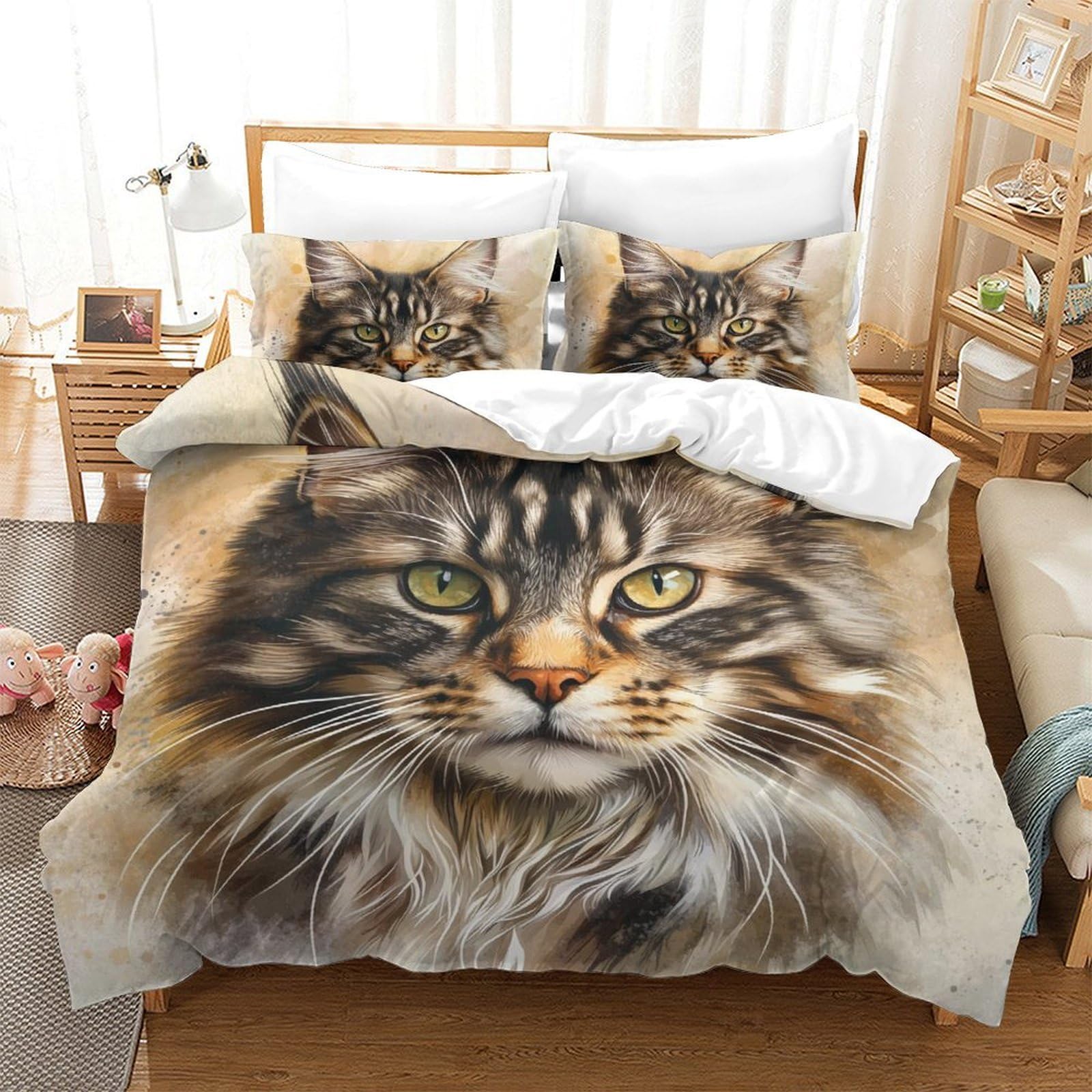 Linge de lit Maine Coon aquarelle avec housse de couette single 135x200 et taies