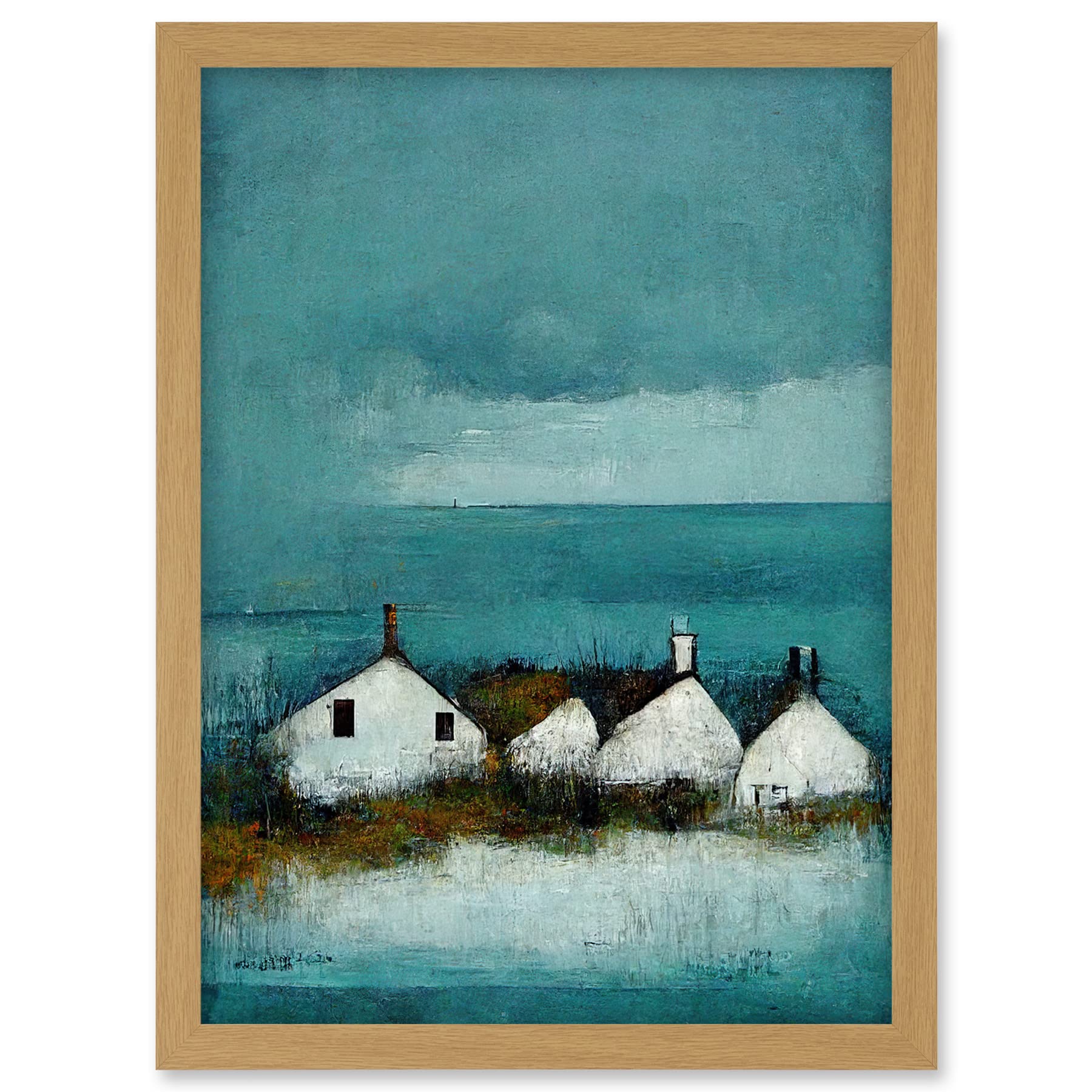 Doppelganger33 LTD Scottish Seascape White Cottages On Teal Artwork Framed A3 Wall Art Print