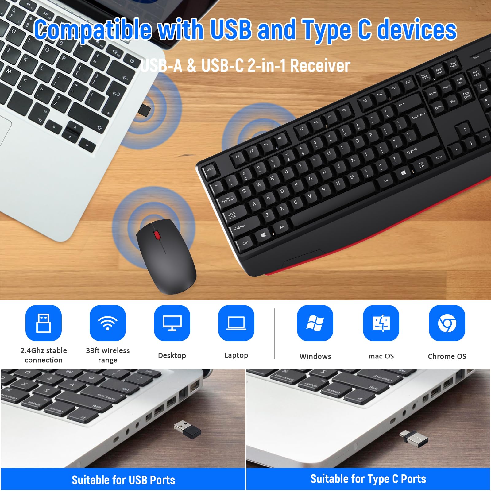Tastiera wireless e mouse combinata, layout QWERTY 2.4G, tastiera meccanica dal design ergonomico, set per Windows, PC, laptop, notebook, computer con ricevitore USB-A e USB-C 2 in 1