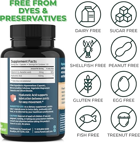 Miniatura 6 de ForestLeaf Suplementos de ácido hialurónico | Cápsulas de polvo de ácido hialurónico dietético de 100 mg de alta biodisponibilidad + 50 mg de VIT C