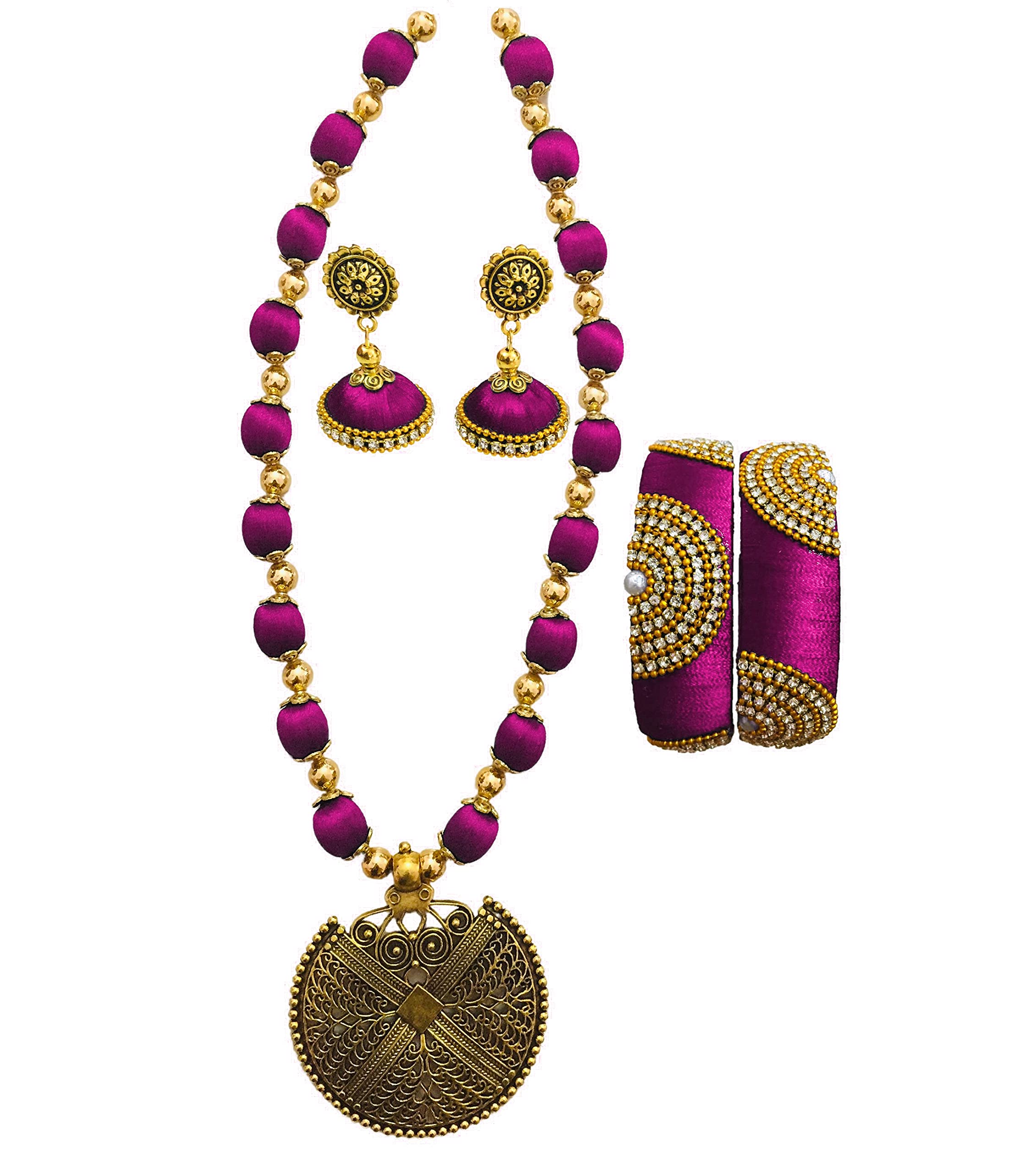 Ambal antique round pendant silk thread jewellery set (Magenta) (B082V89KJ2) Amazon Price History, Amazon Price Tracker