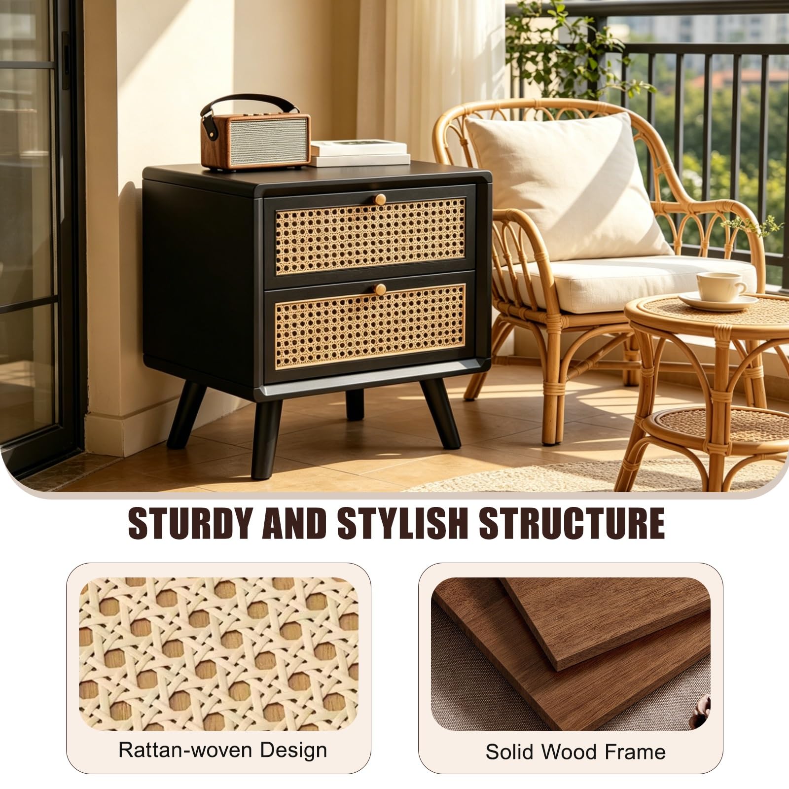Comodino con 2 Cassetti in Rattan, Tavolino da Notte in Legno Massello, Design Minimalista per Camera da Letto, Mobiletto Moderno(Yellow,43cm/16.9in)