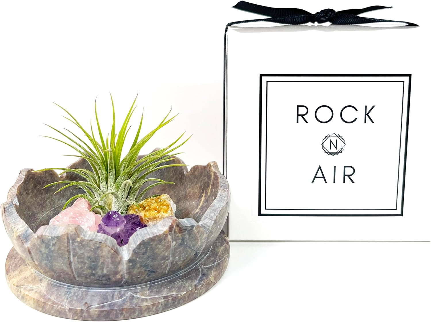 Decorative Lotus Carved Stone Bowl includes Air Plant, Amethyst, Rose Quartz and Citrine – Natural Crystal Decor Gift Set, Ready-to-Gift Boxed – For Meditation Room, Boho Zen Decor for Home or Office