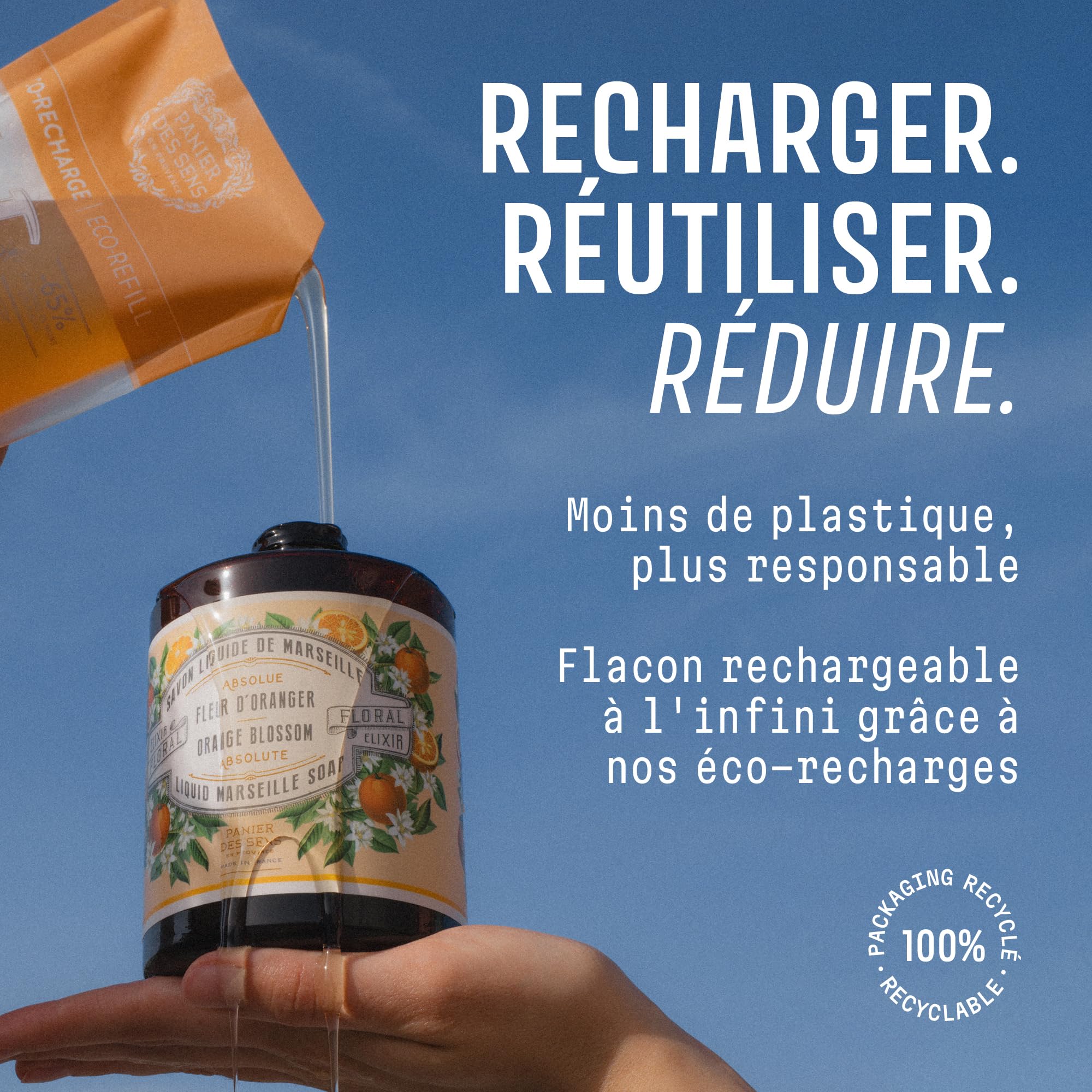 Savon Liquide Mains Fleur d’Oranger 500ml – Savon de Marseille Liquide 96% Naturel – Huile d’Olive & Coco – Fabriqué en France – Panier des Sens