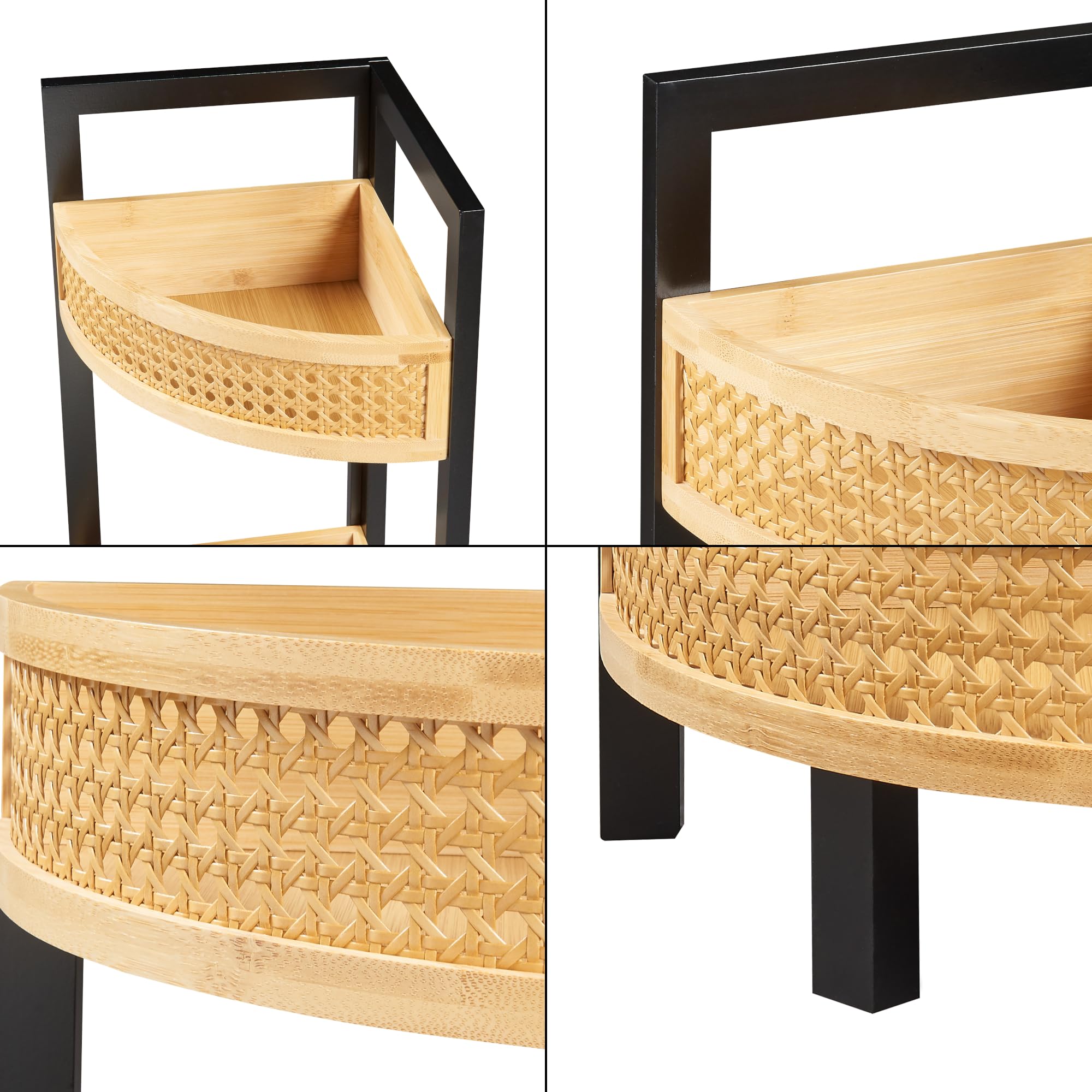 [en.casa] Scaffale Angolare da Terra Mobile Basso a 3 Ripiani in Bambù con Bordi Alti Frontali Decorativi Effetto Rattan Angoliera per Soggiorno Ingresso Bagno Cucina 80x23x23 cm Nero/Naturale