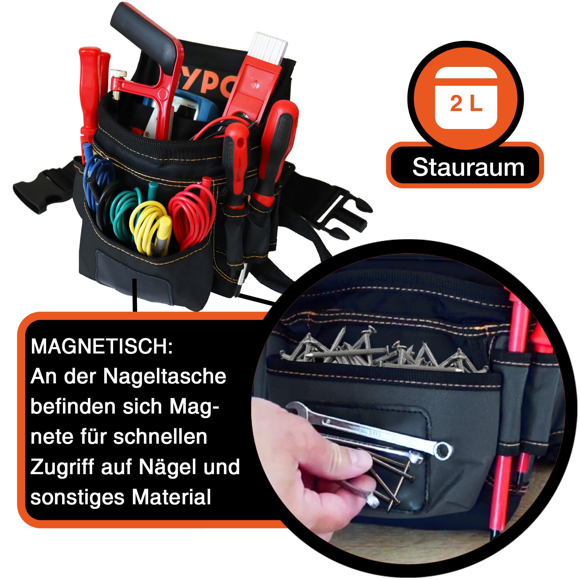 YPC Presto Tool - Marsupio XL per attrezzi, cintura da lavoro, impermeabile, con passante per martello, cintura in nylon antistrappo, 12 tasche, nero, 27 x 21 x 13 cm, portata 5 kg