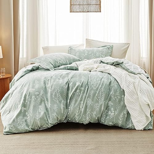 Bedsure California King Comforter Set - Sage Green Bed Set, 3 Pieces Cute Floral Bedding, 1 Soft Reversible Botanical Flowers Comforter and 2 Pillow Shams