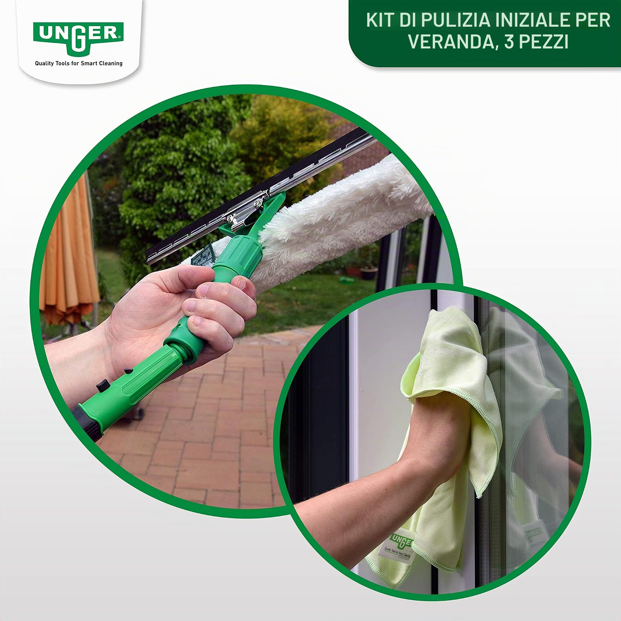 UNGER AK131 - Kit per la pulizia delle finestre, 1,25 m, incl. lavavetri, asta di prolunga, panni in microfibra, pulizia senza aloni