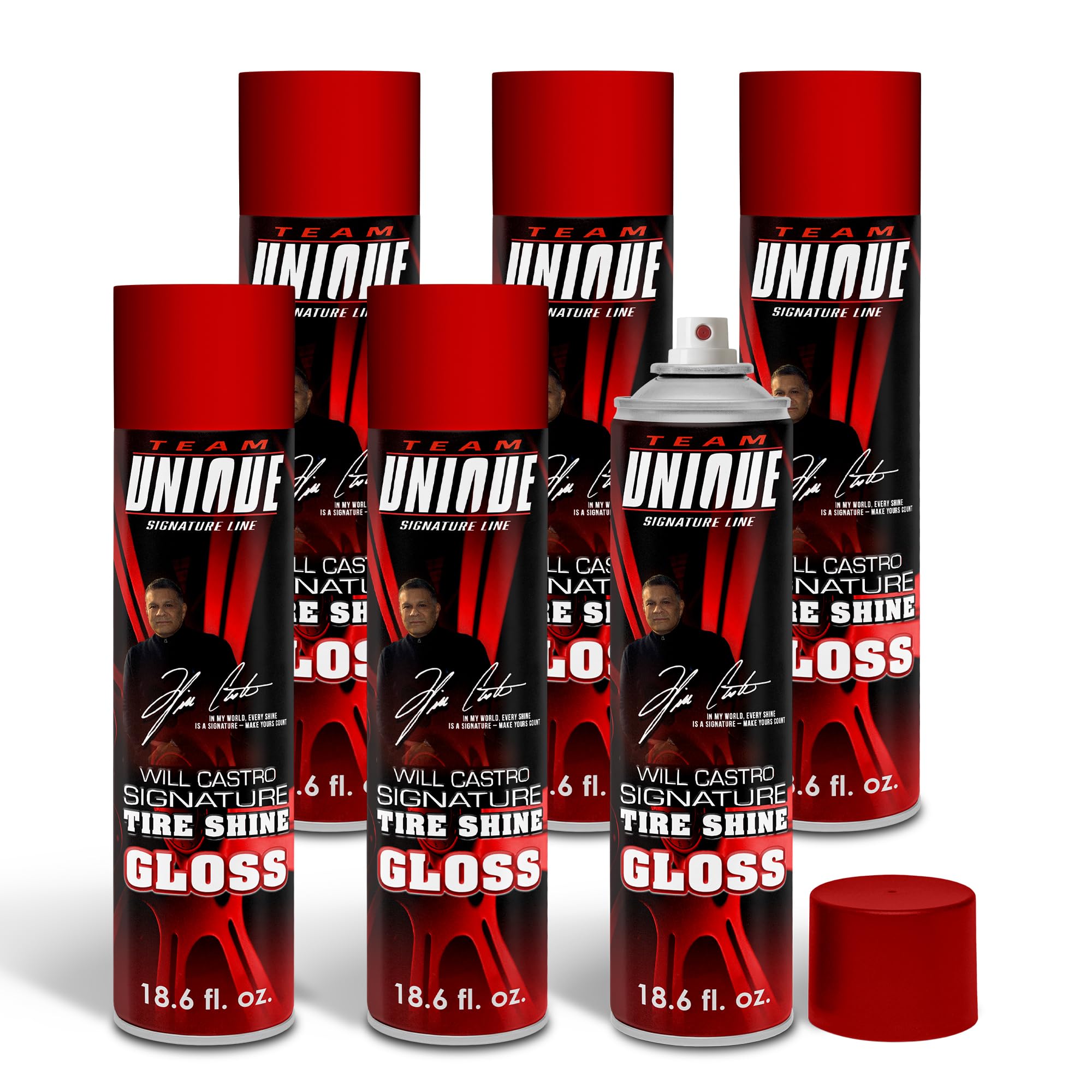 Team Unique Tire Shine Gloss – 18.6 Fl Oz (550mL) Pack of 6 | High-Gloss Formula for Ultimate Tire Shine | Protects Against Cracking and Fading | Non-Greasy, Low-Sling Spray for Easy Application