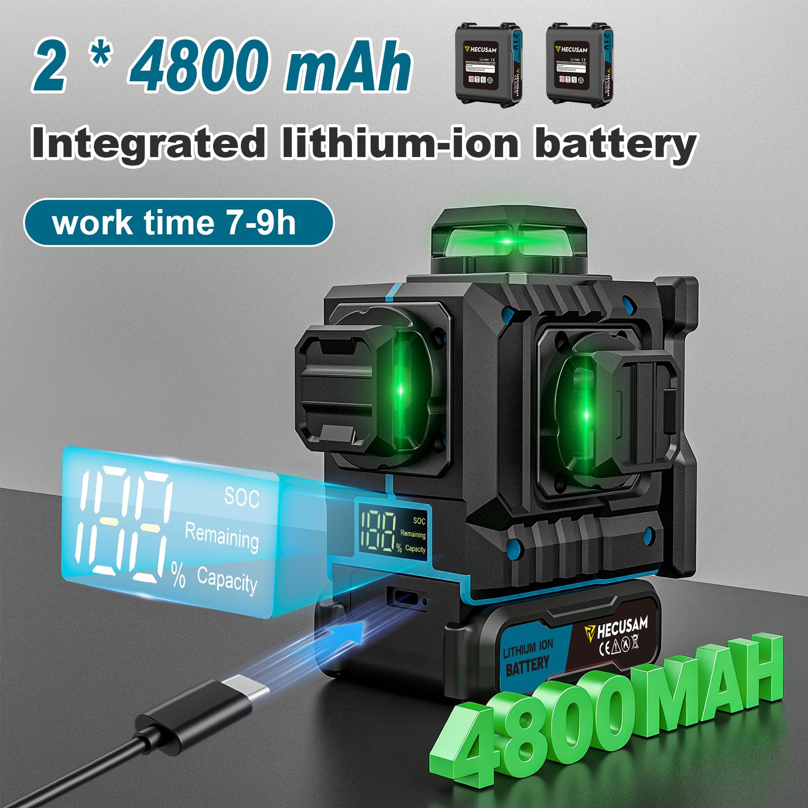 Kreuzlinienlaser mit Stativ, Hecusam LüCkenloser Linienlaser mit 360°-Rotationsfenster, 4 x 360° Laser Level IP54 Wasserwaage, 2 * 4800mAh Akku für Verlegung Bodenfliesen Kreuzlinienlaser Grün kit