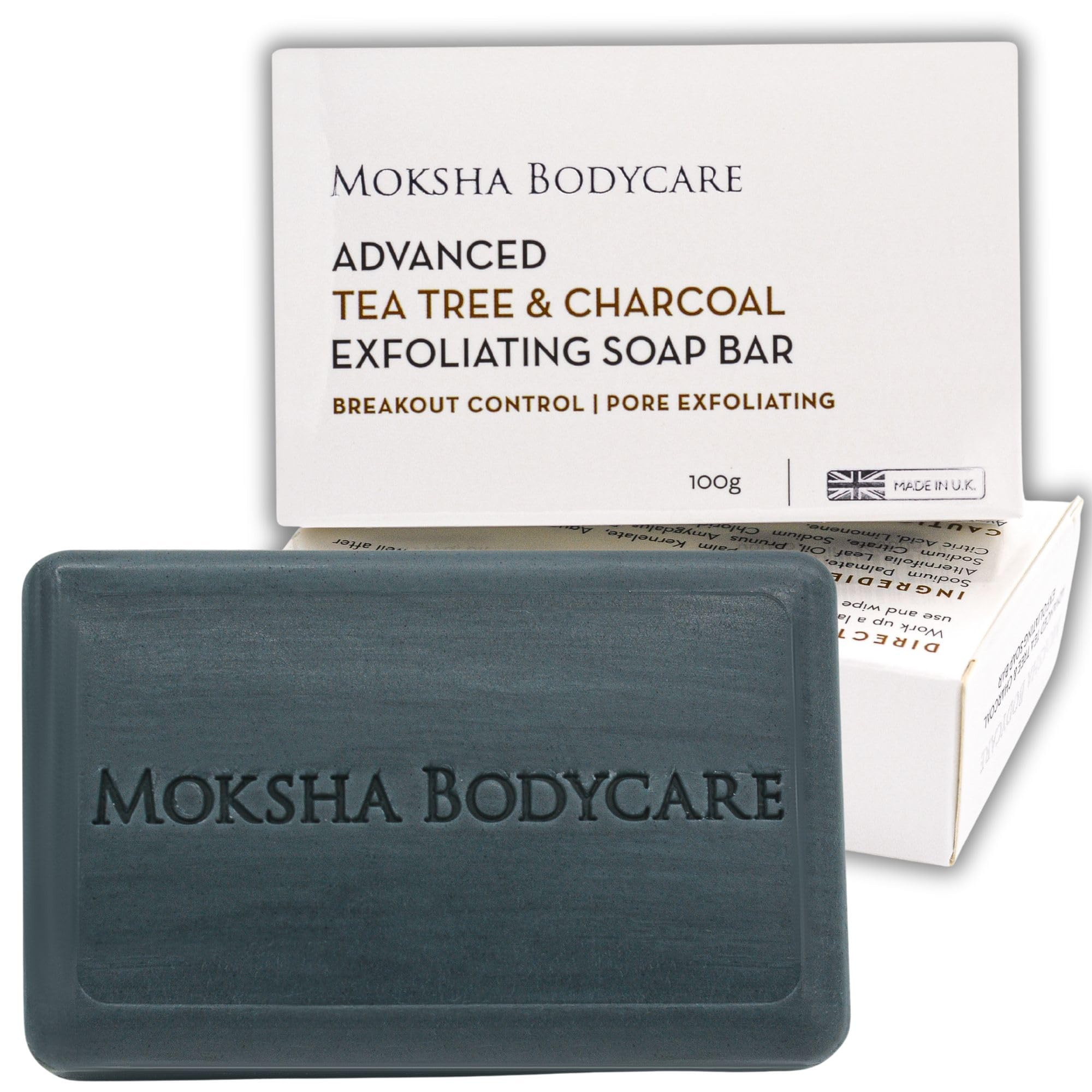 Tea Tree and Charcoal Exfoliating Soap Bar for Men And Women - [Made In U.K] Pore Exfoliating Face And Body Wash Soap Scrub for Acne Dark Spots Blackheads Blemishes Sensitive Skin, Cruelty FREE-100g