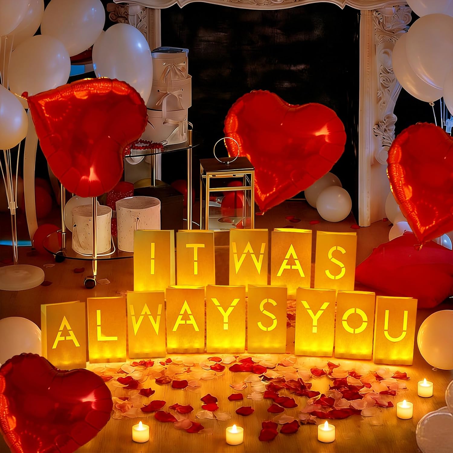 Happy Anniversary Light Up Letters, Rose Petals LED Tea Lights Candles Latex Foil Balloons, Paper Luminary Bags for Her Him Proposal Anniversary Valentines' Day Decorations